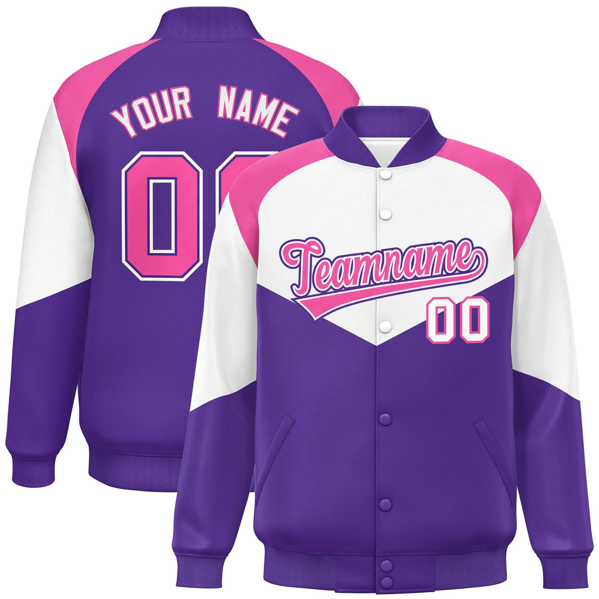 Custom White Purple-Pink Varsity Full-Snap Color Block Letterman Jacket