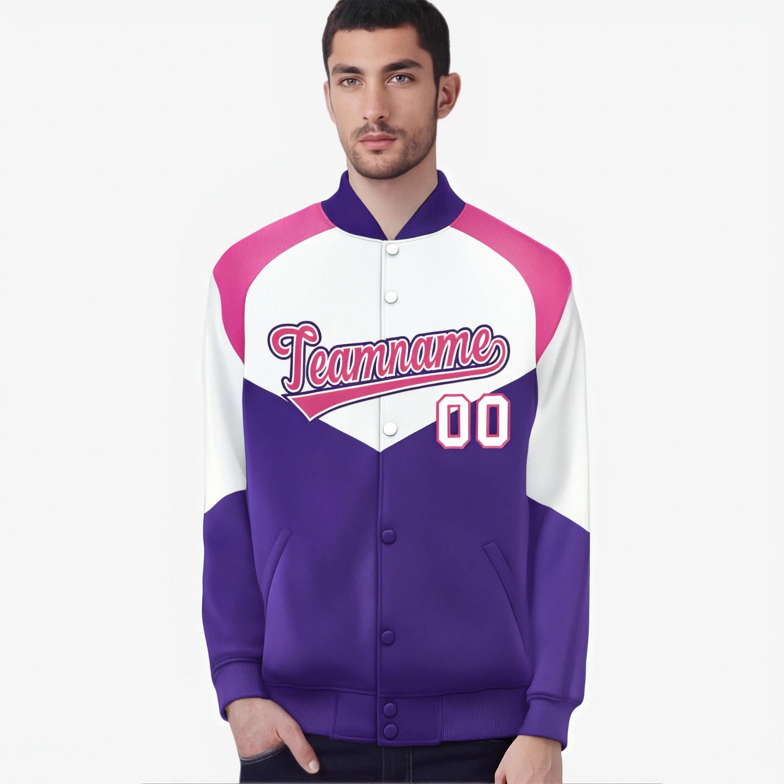 Custom White Purple-Pink Varsity Full-Snap Color Block Letterman Jacket