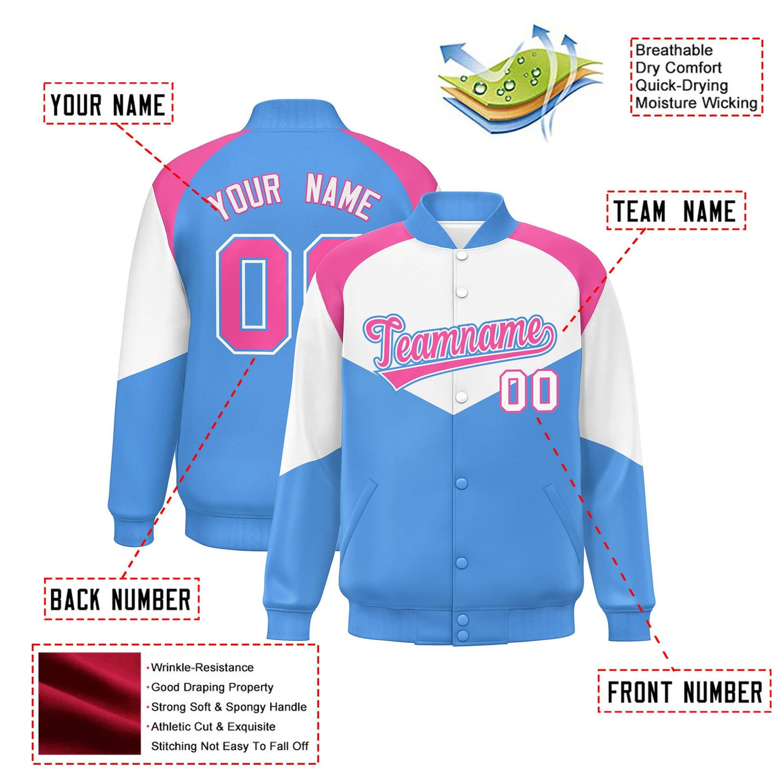 Custom White Powder Blue-Pink Varsity Full-Snap Color Block Letterman Jacket