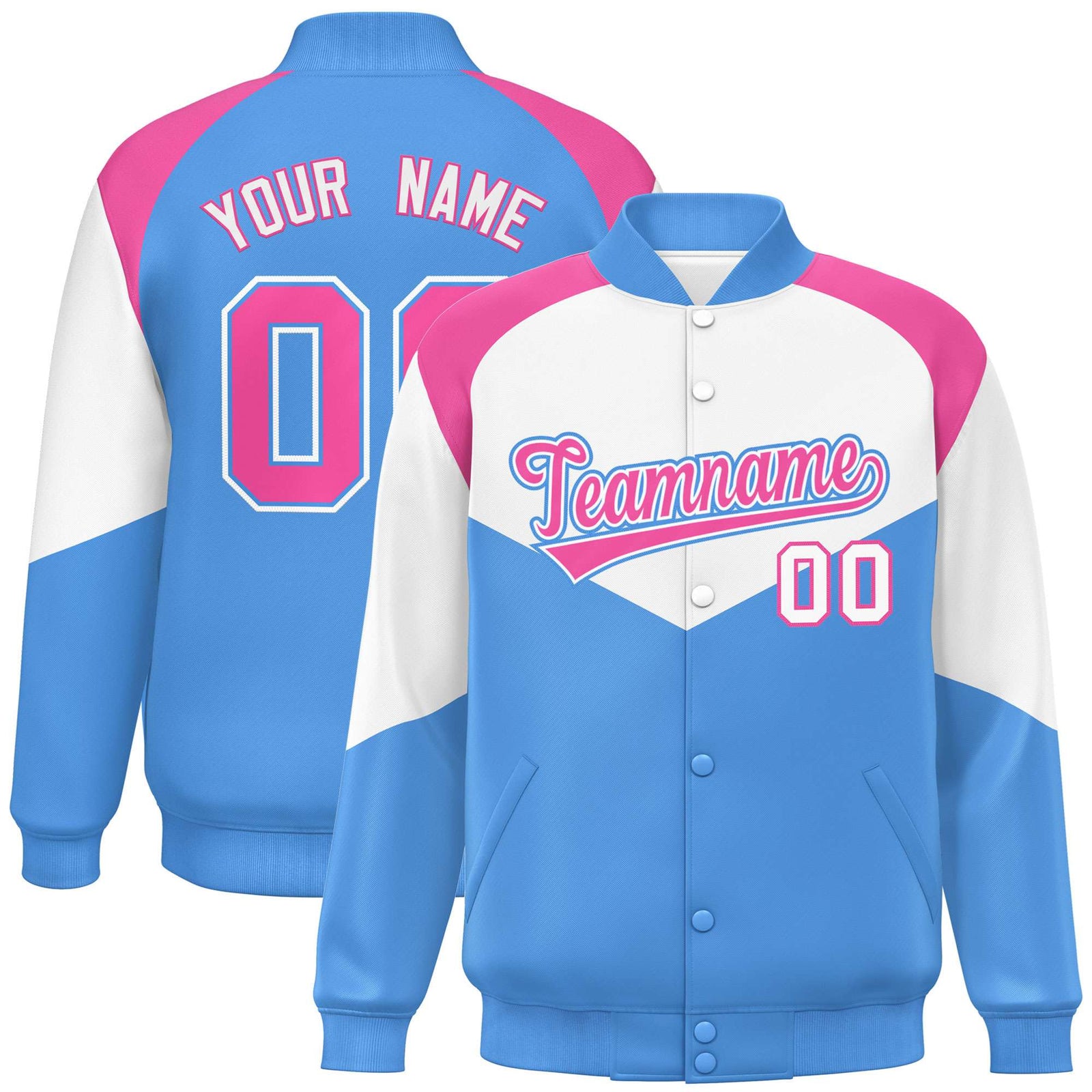Custom White Powder Blue-Pink Varsity Full-Snap Color Block Letterman Jacket