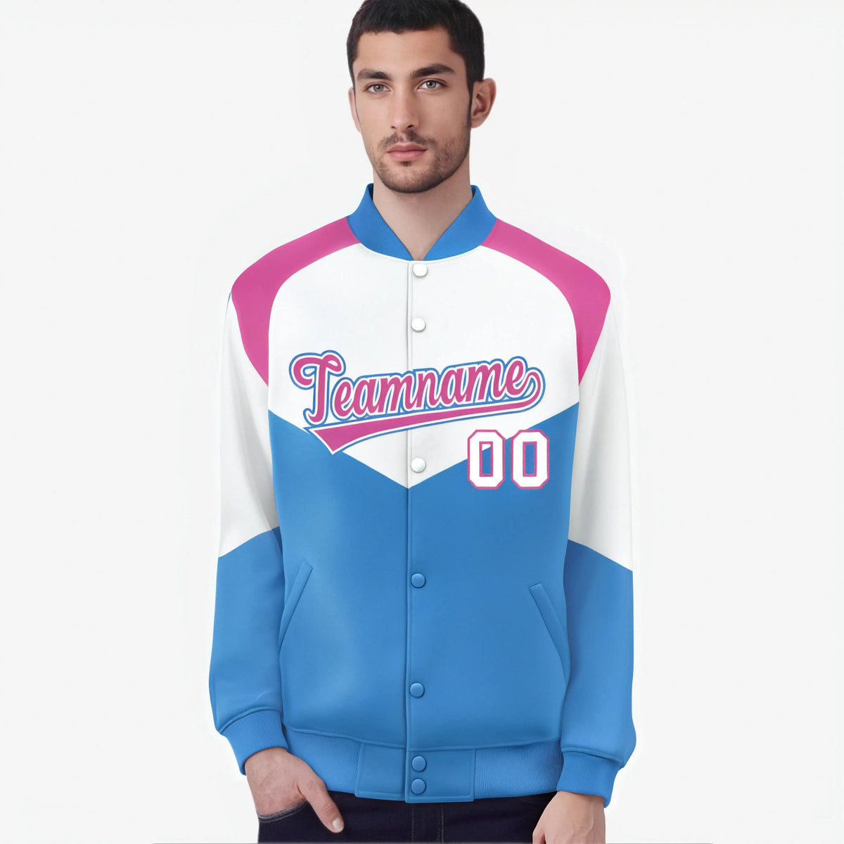 Custom White Powder Blue-Pink Varsity Full-Snap Color Block Letterman Jacket