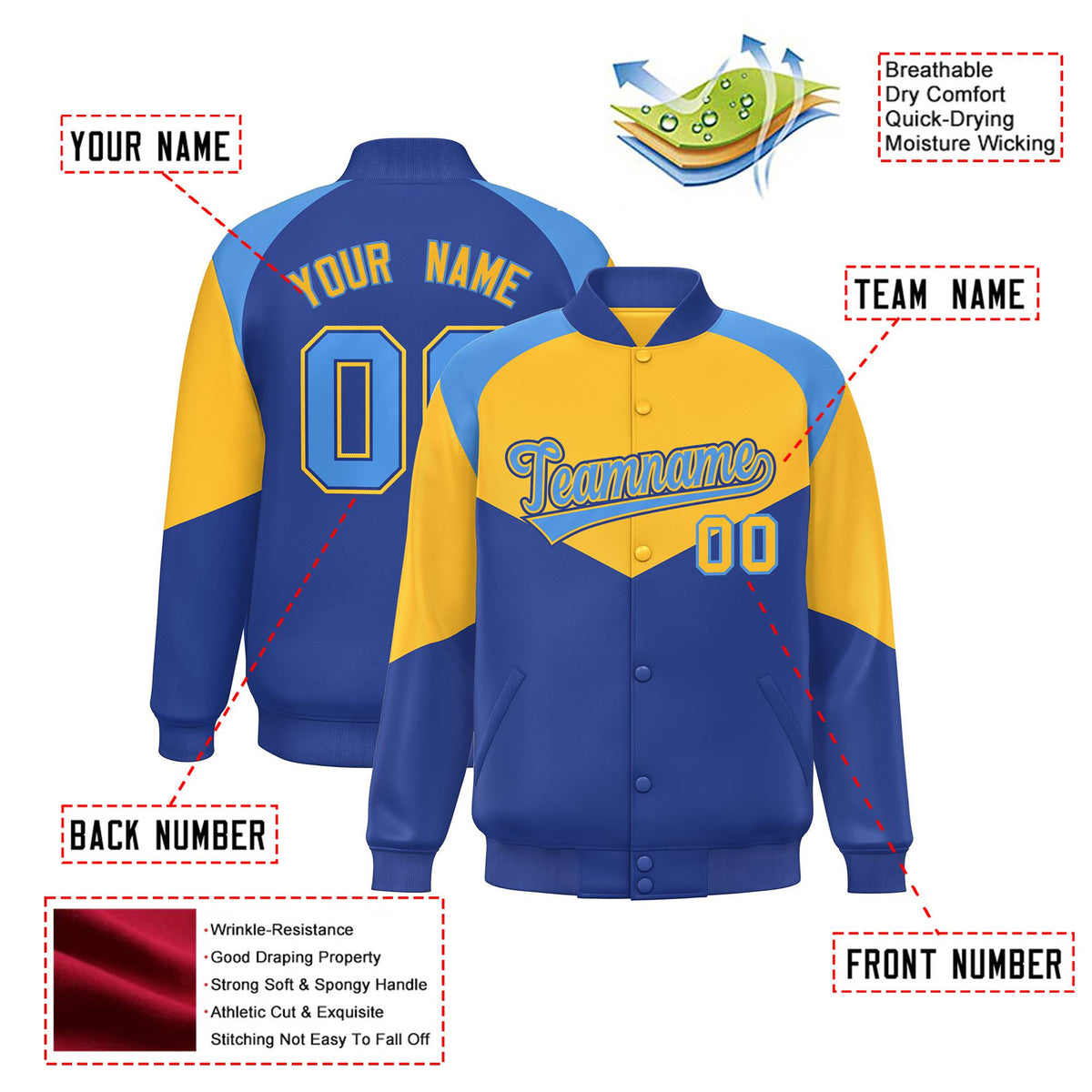 Custom Yellow Royal Blue-Powder Blue Varsity Full-Snap Color Block Letterman Jacket