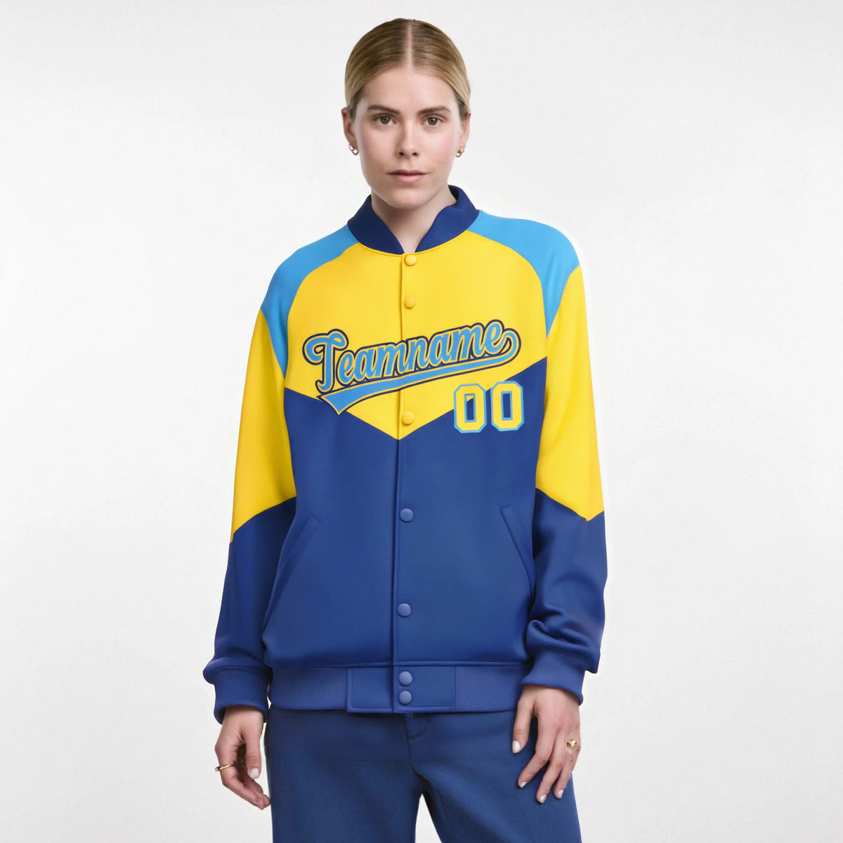 Custom Yellow Royal Blue-Powder Blue Varsity Full-Snap Color Block Letterman Jacket