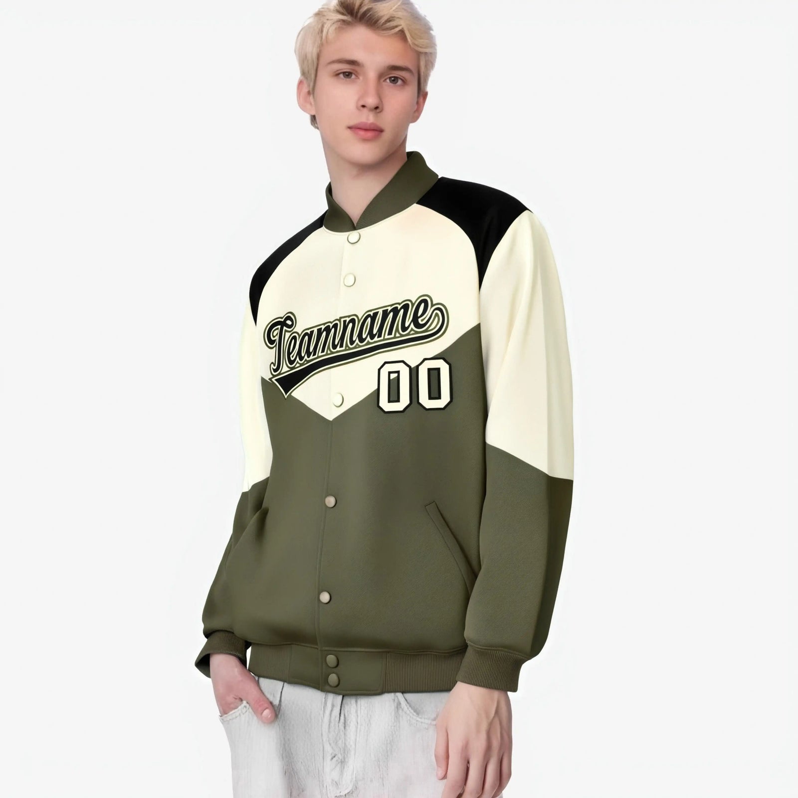 Custom Cream Olive-Black Varsity Full-Snap Color Block Letterman Jacket