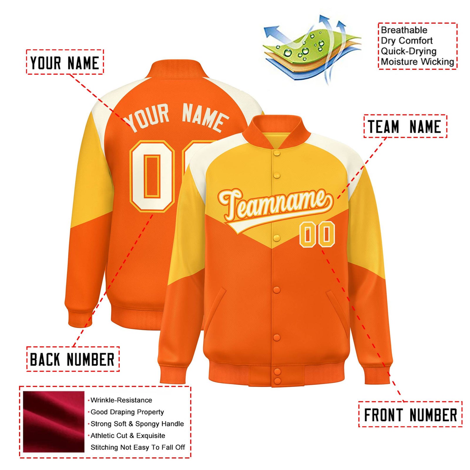 Custom Gold Orange-Cream Varsity Full-Snap Color Block Letterman Jacket
