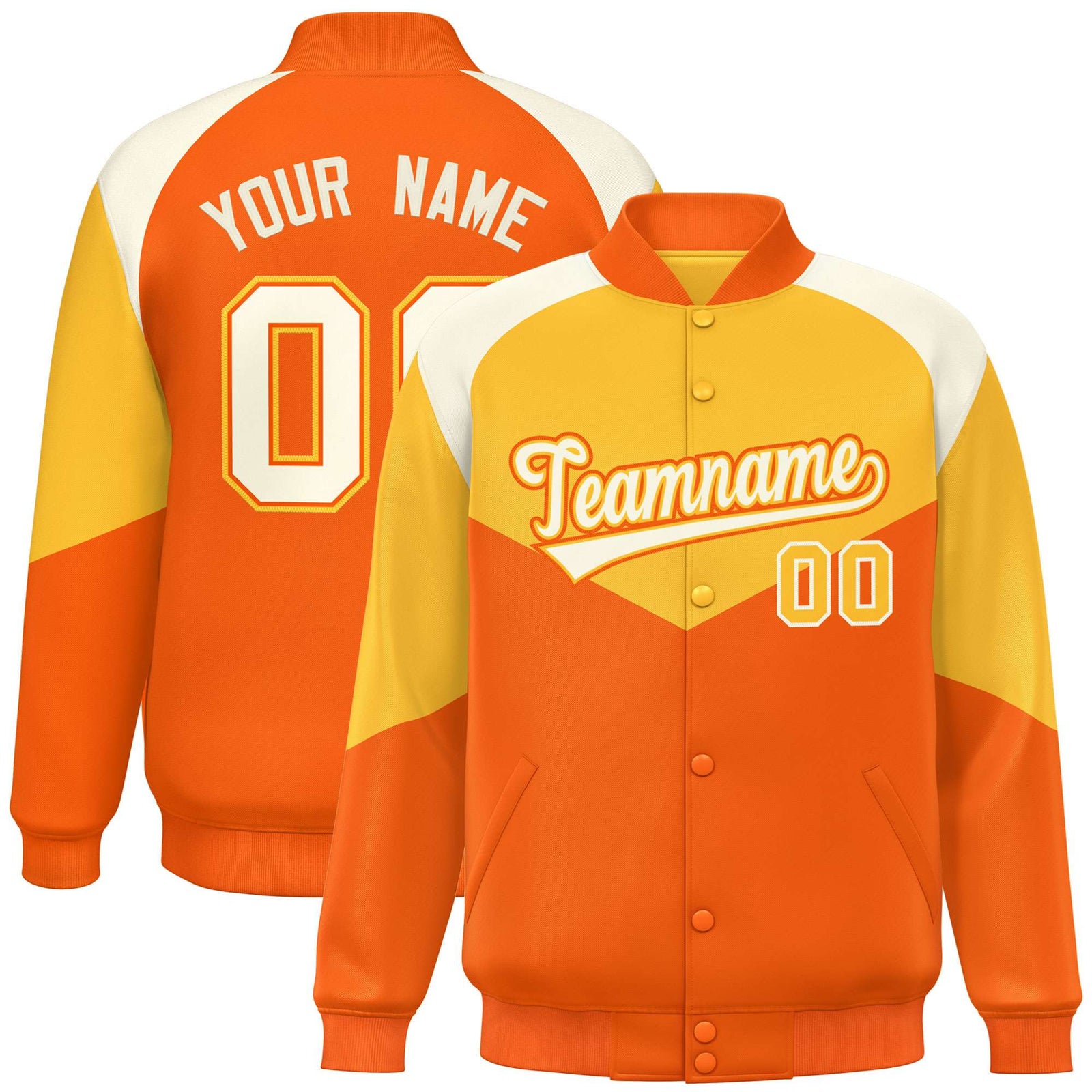 Custom Gold Orange-Cream Varsity Full-Snap Color Block Letterman Jacket