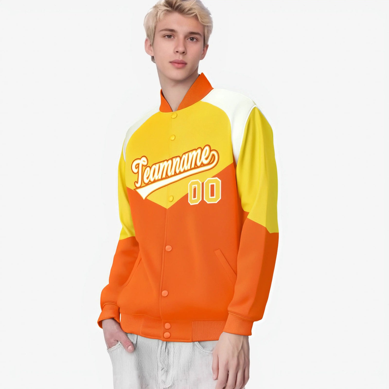Custom Gold Orange-Cream Varsity Full-Snap Color Block Letterman Jacket