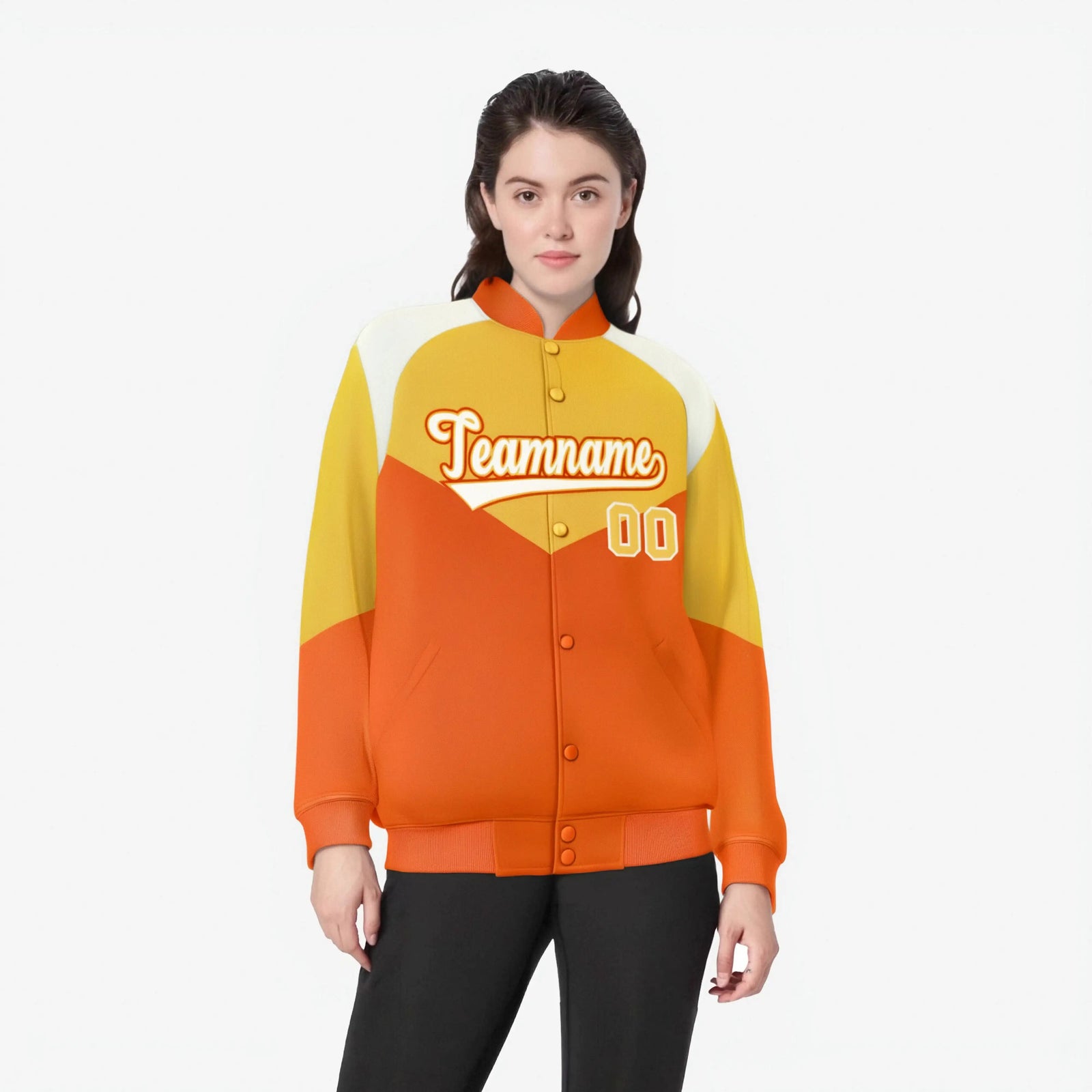 Custom Gold Orange-Cream Varsity Full-Snap Color Block Letterman Jacket