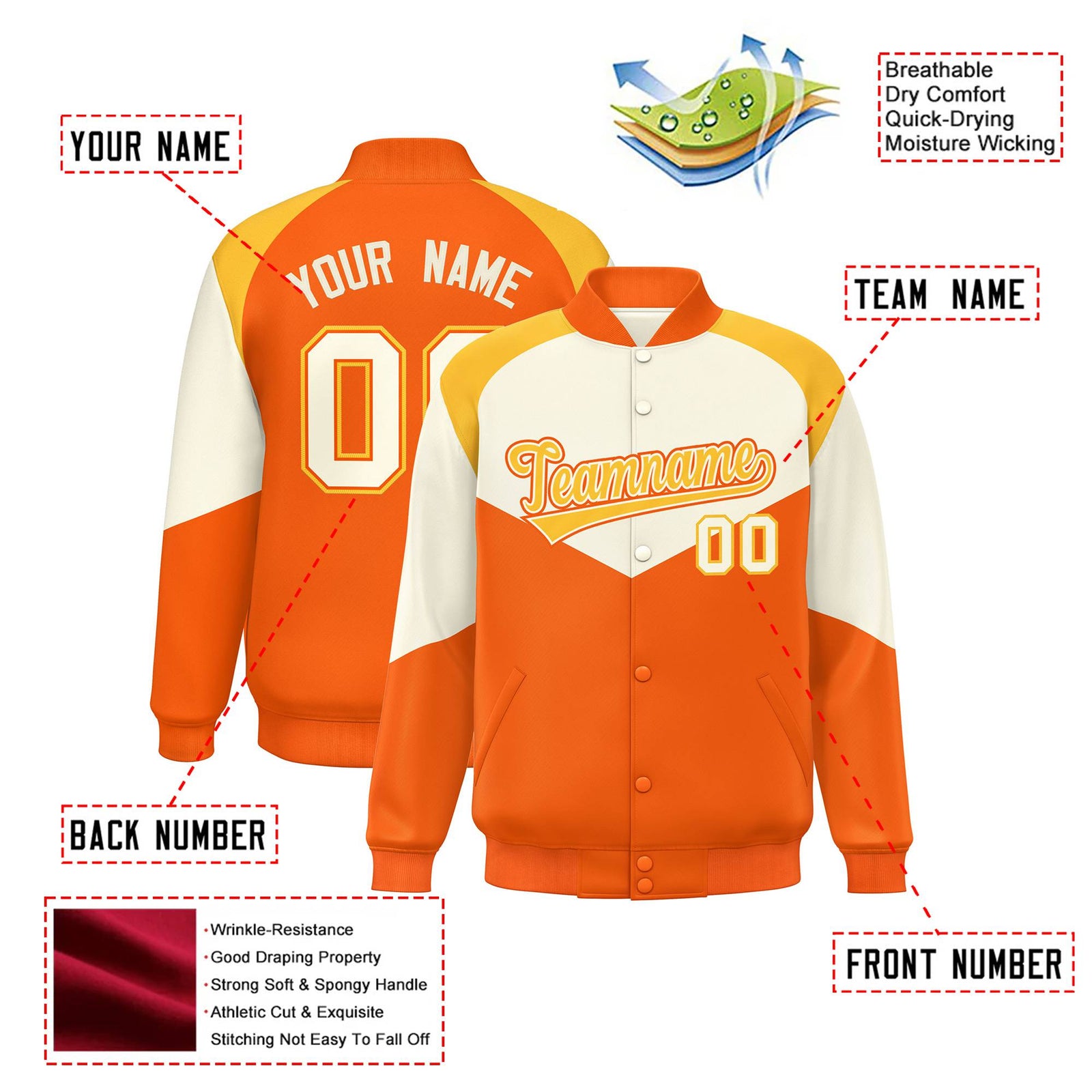 Custom Cream Orange-Gold Varsity Full-Snap Color Block Letterman Jacket