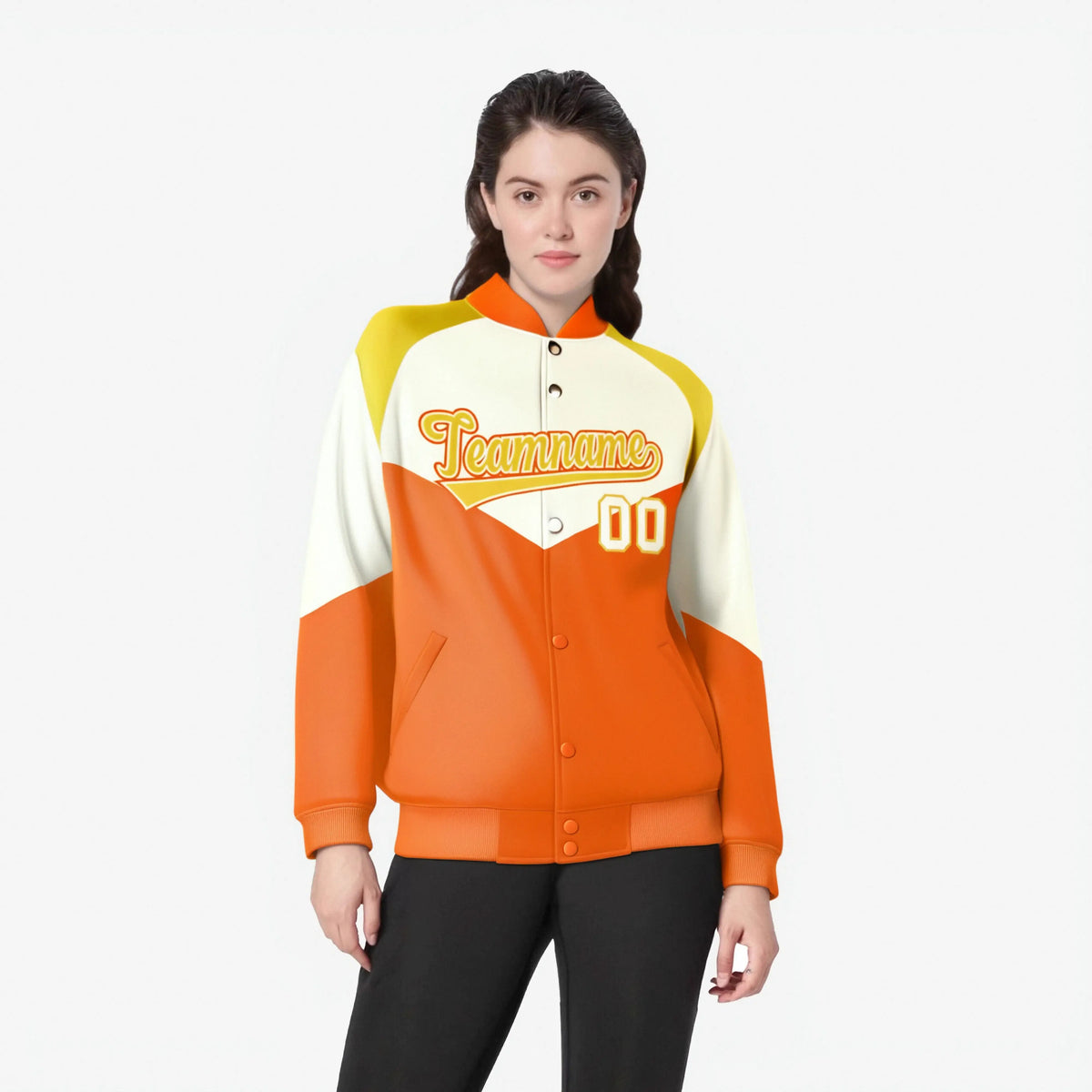 Custom Cream Orange-Gold Varsity Full-Snap Color Block Letterman Jacket