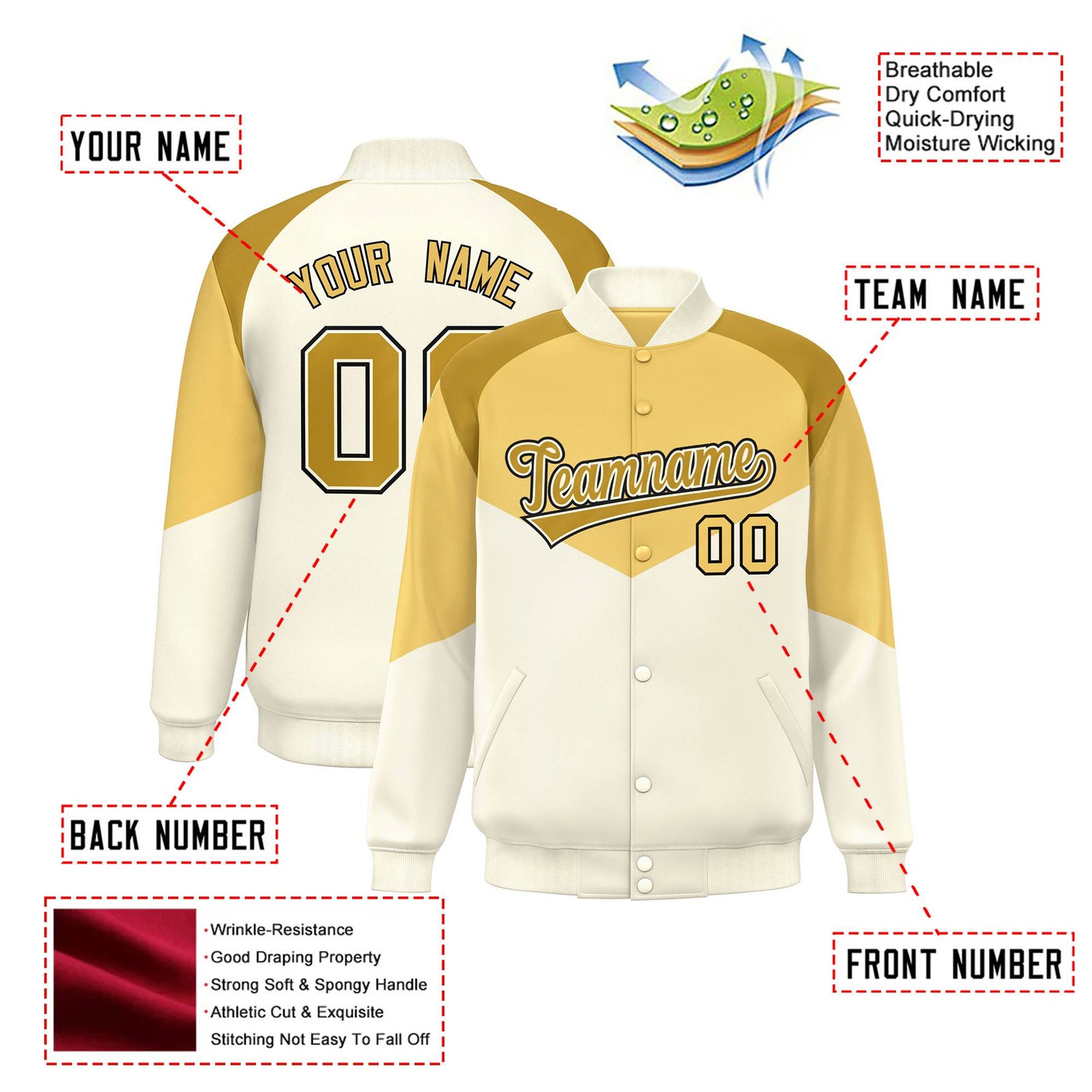 Custom Khaki Cream-Old Gold Varsity Full-Snap Color Block Letterman Jacket