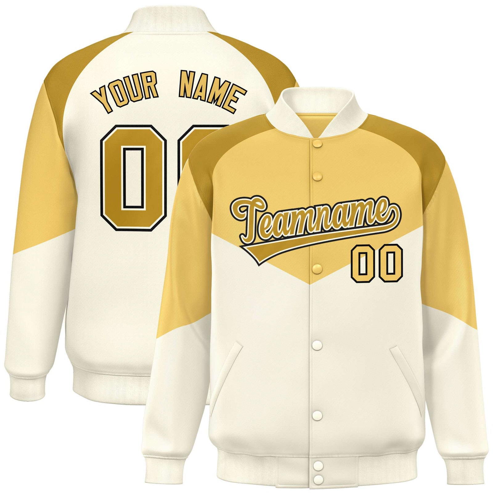 Custom Khaki Cream-Old Gold Varsity Full-Snap Color Block Letterman Jacket