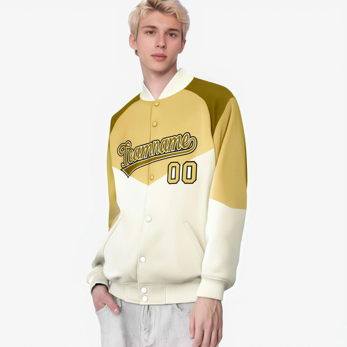 Custom Khaki Cream-Old Gold Varsity Full-Snap Color Block Letterman Jacket
