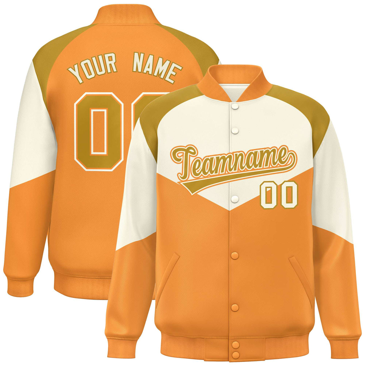 Custom Cream Yellow-Old Gold Varsity Full-Snap Color Block Letterman Jacket