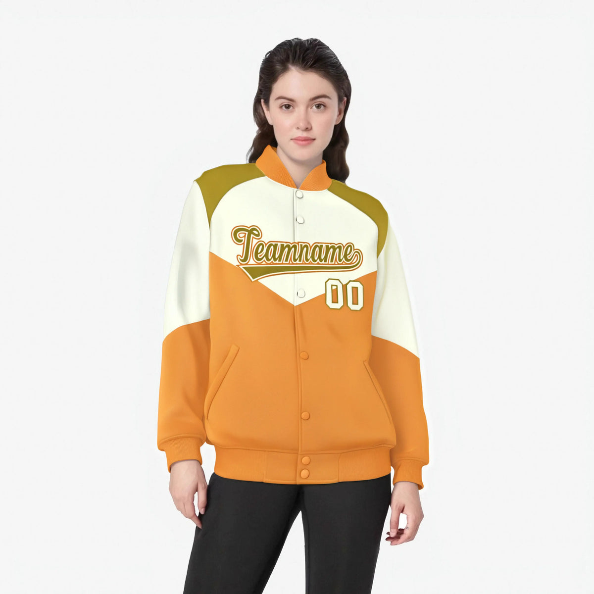 Custom Cream Yellow-Old Gold Varsity Full-Snap Color Block Letterman Jacket