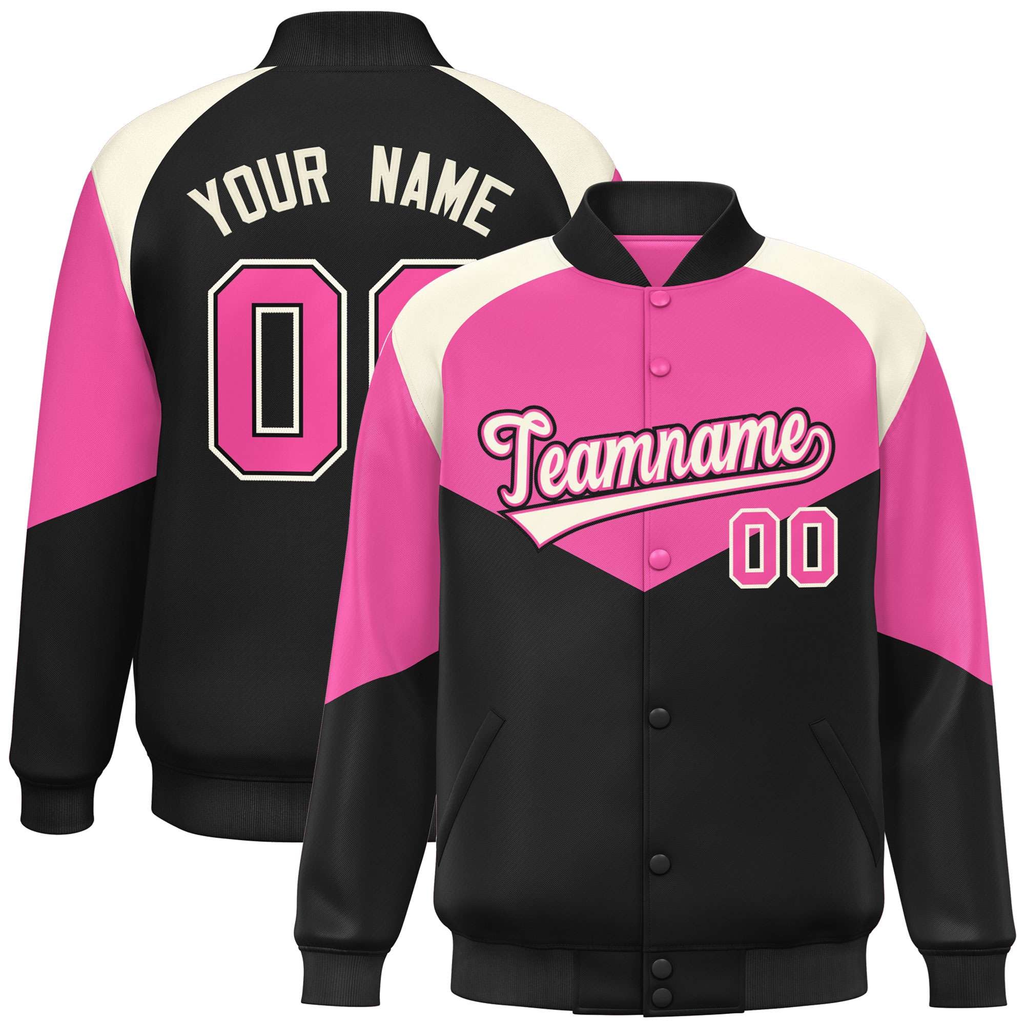 Custom Pink Black-Cream Varsity Full-Snap Color Block Letterman Jacket