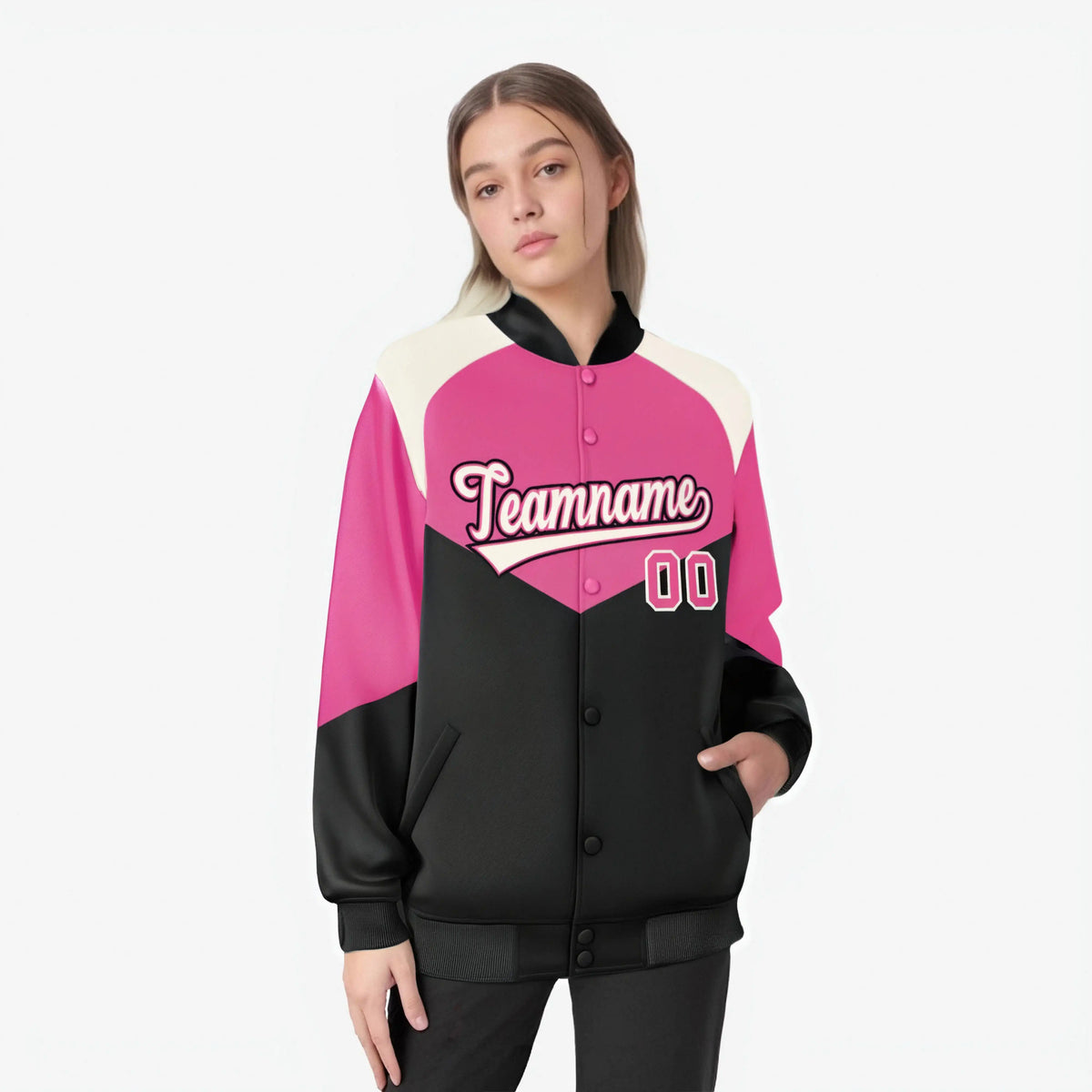 Custom Pink Black-Cream Varsity Full-Snap Color Block Letterman Jacket
