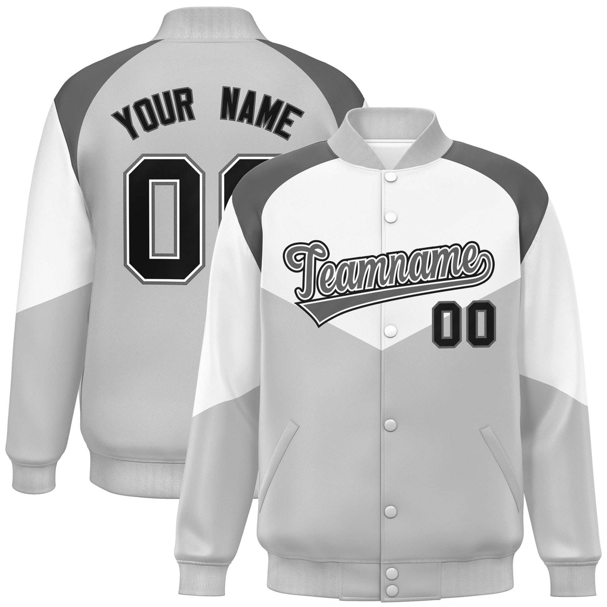 Custom White Gray-Dark Gray Varsity Full-Snap Color Block Letterman Jacket
