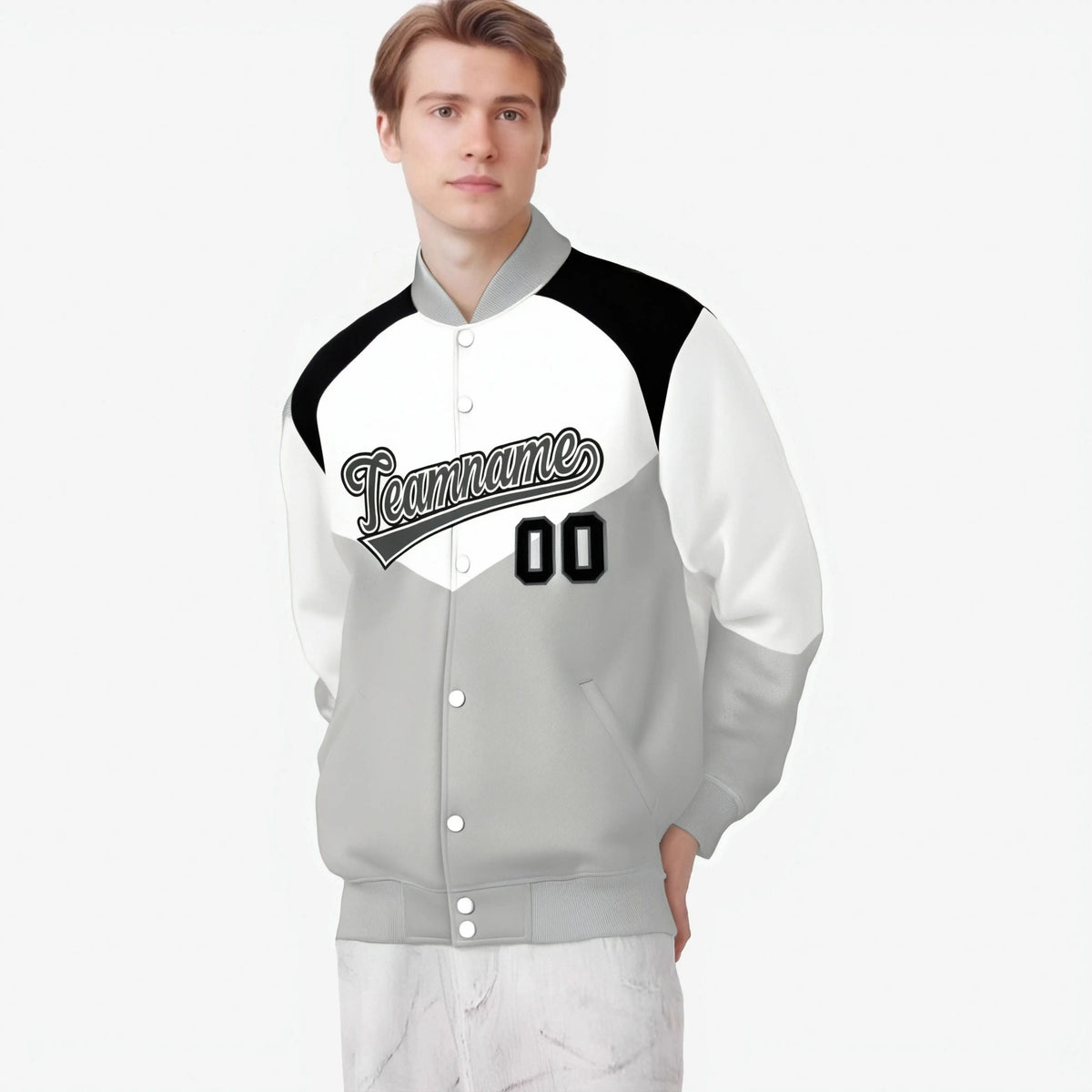 Custom White Gray-Dark Gray Varsity Full-Snap Color Block Letterman Jacket
