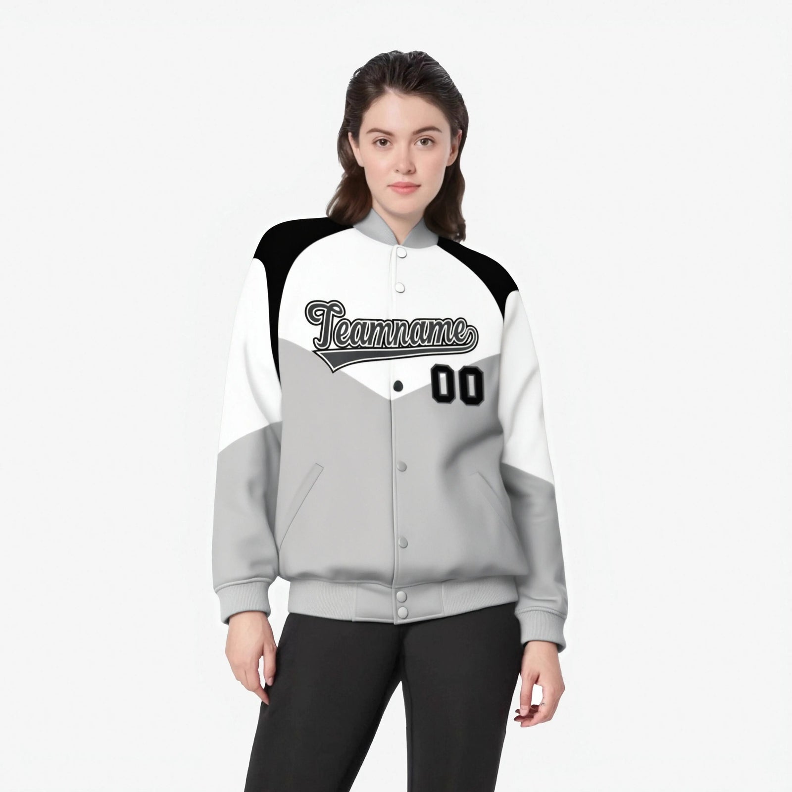 Custom White Gray-Dark Gray Varsity Full-Snap Color Block Letterman Jacket