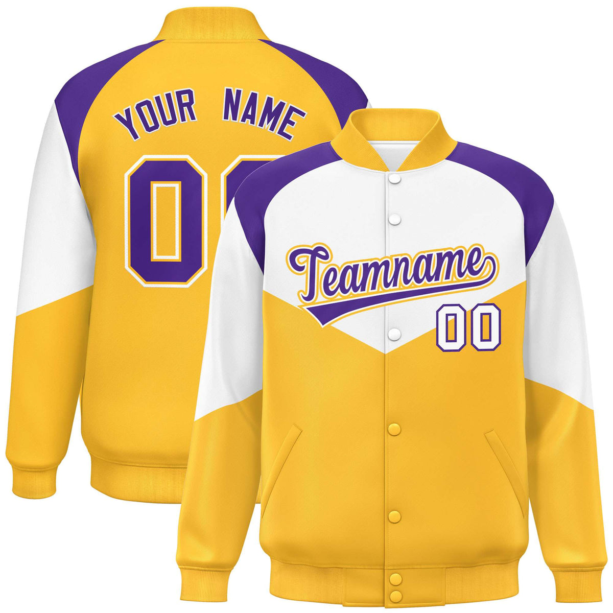 Custom White Gold-Purple Varsity Full-Snap Color Block Letterman Jacket