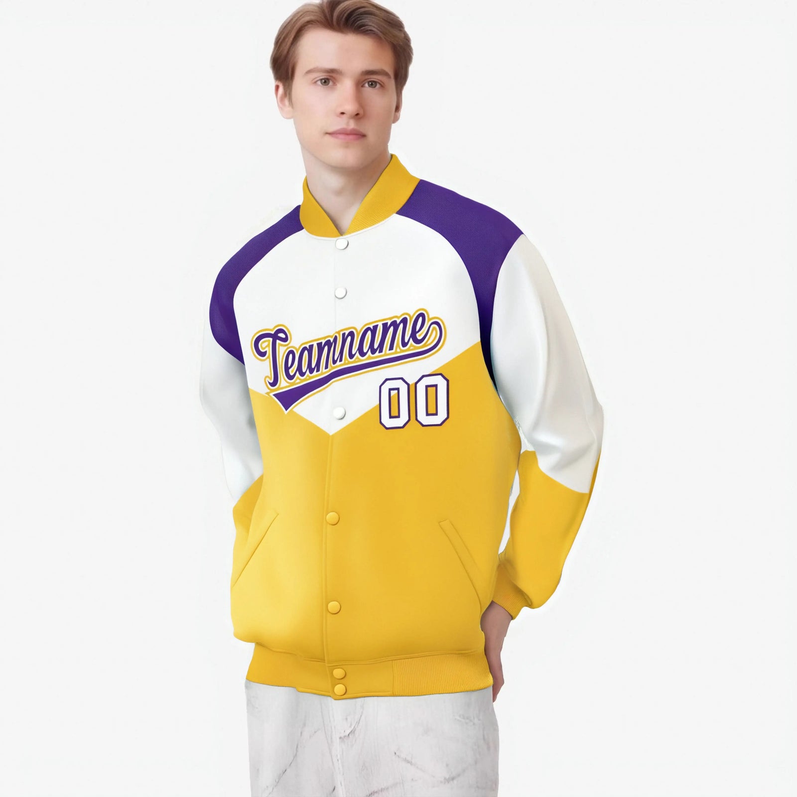 Custom White Gold-Purple Varsity Full-Snap Color Block Letterman Jacket