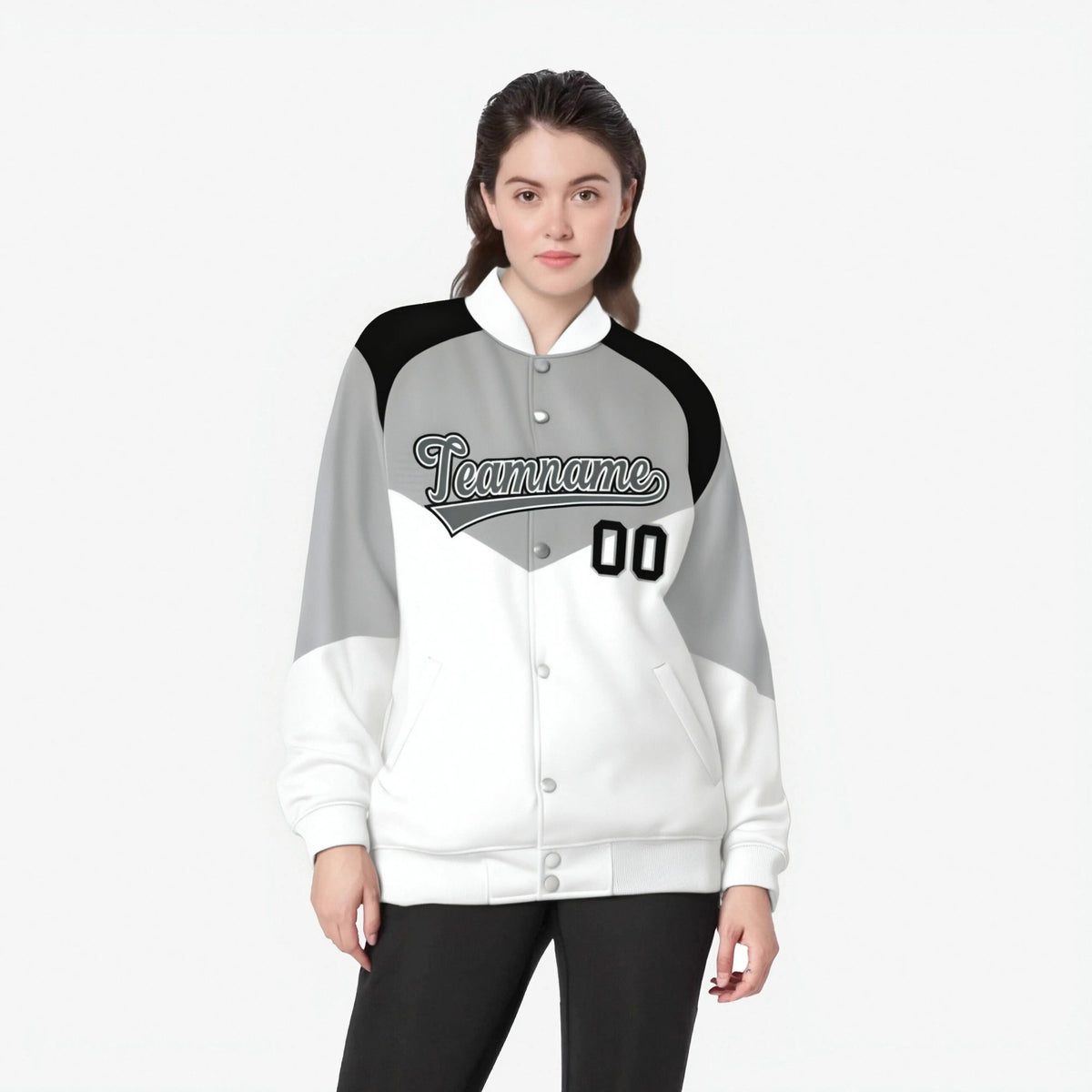 Custom Gray White-Dark Gray Varsity Full-Snap Color Block Letterman Jacket