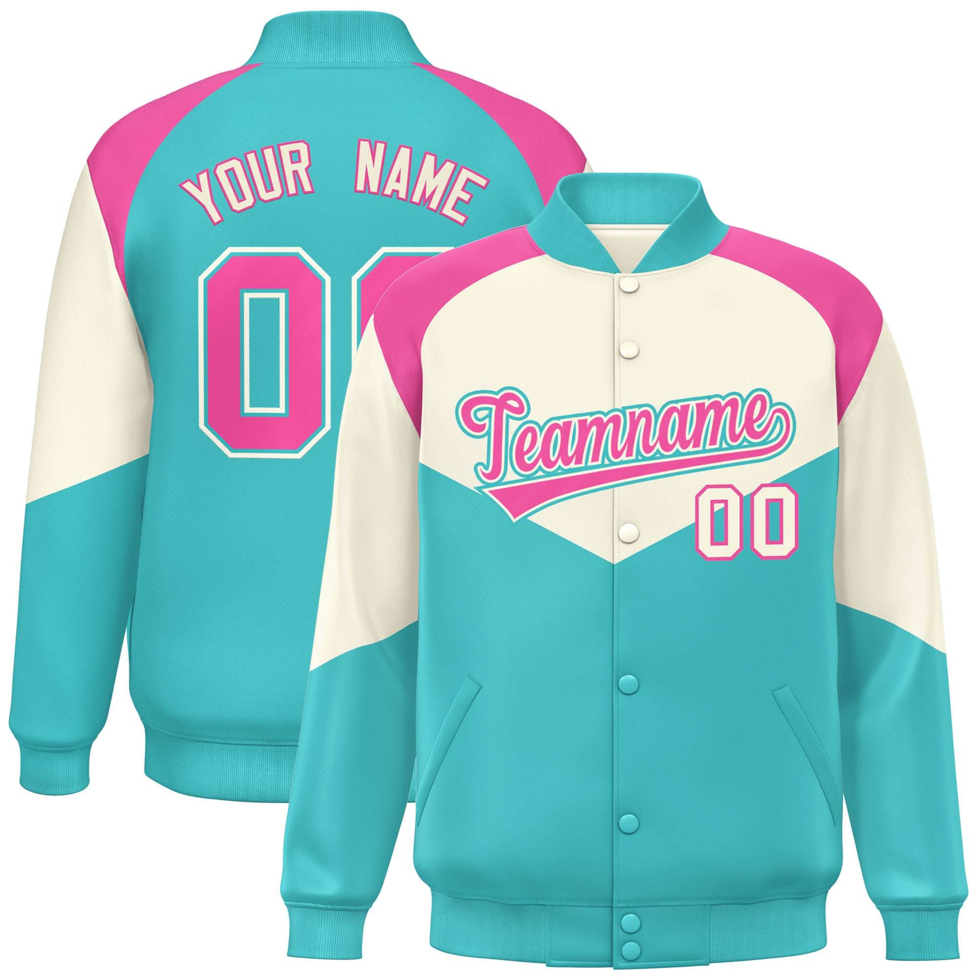 Custom Cream Aqua-Pink Gray Varsity Full-Snap Color Block Letterman Jacket