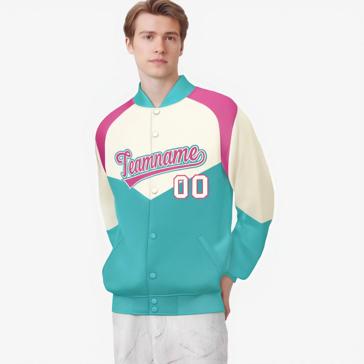 Custom Cream Aqua-Pink Gray Varsity Full-Snap Color Block Letterman Jacket