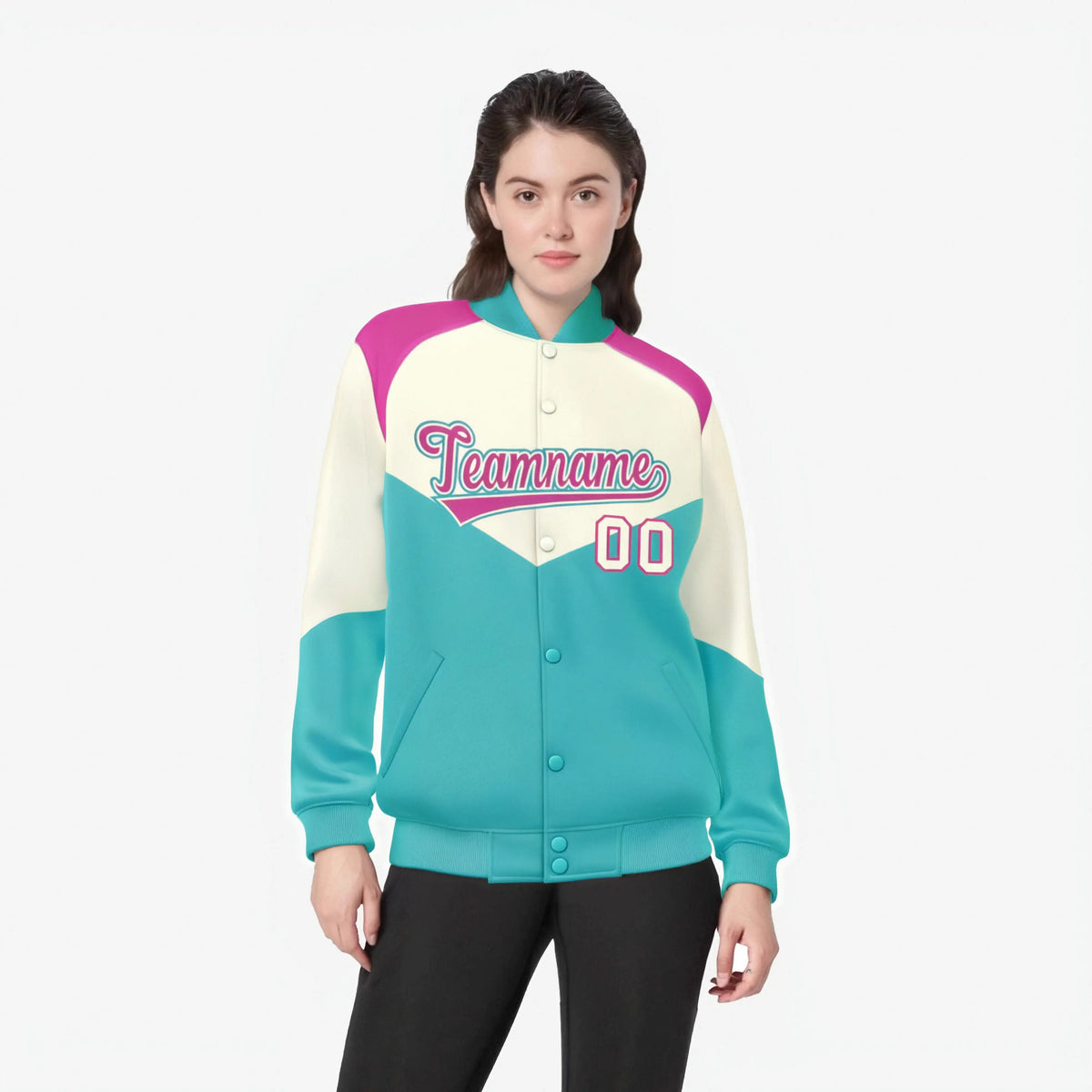 Custom Cream Aqua-Pink Gray Varsity Full-Snap Color Block Letterman Jacket