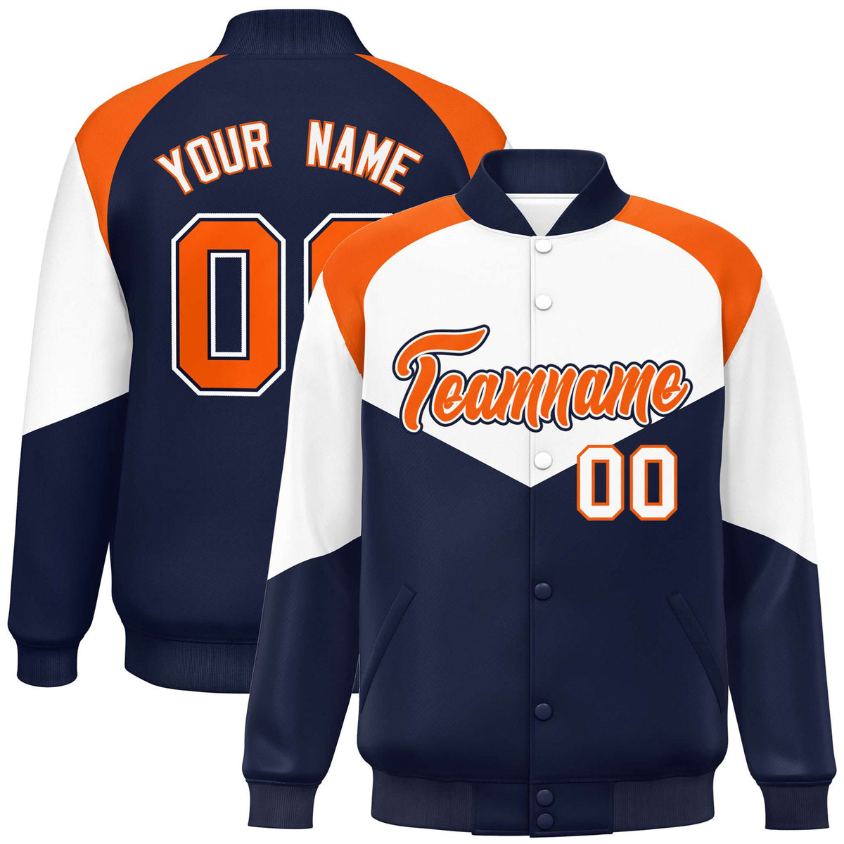 Custom White Navy-Orange Varsity Full-Snap Color Block Letterman Jacket
