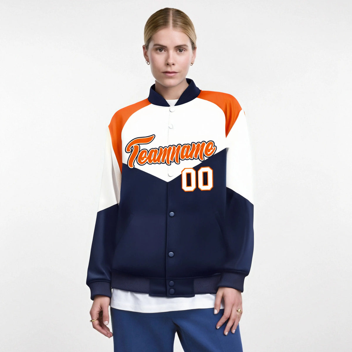 Custom White Navy-Orange Varsity Full-Snap Color Block Letterman Jacket