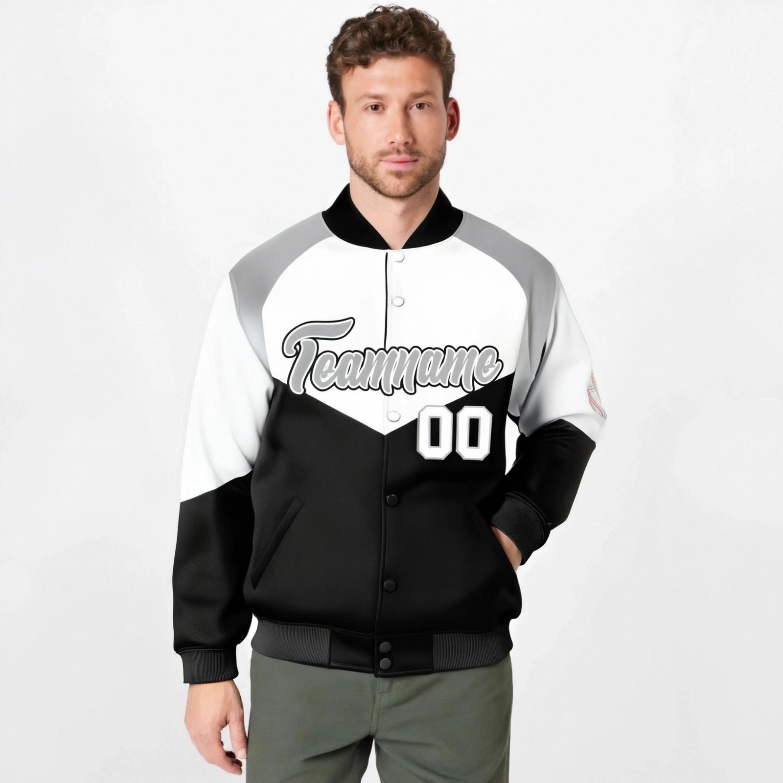 Custom White Black-Gray Varsity Full-Snap Color Block Letterman Jacket