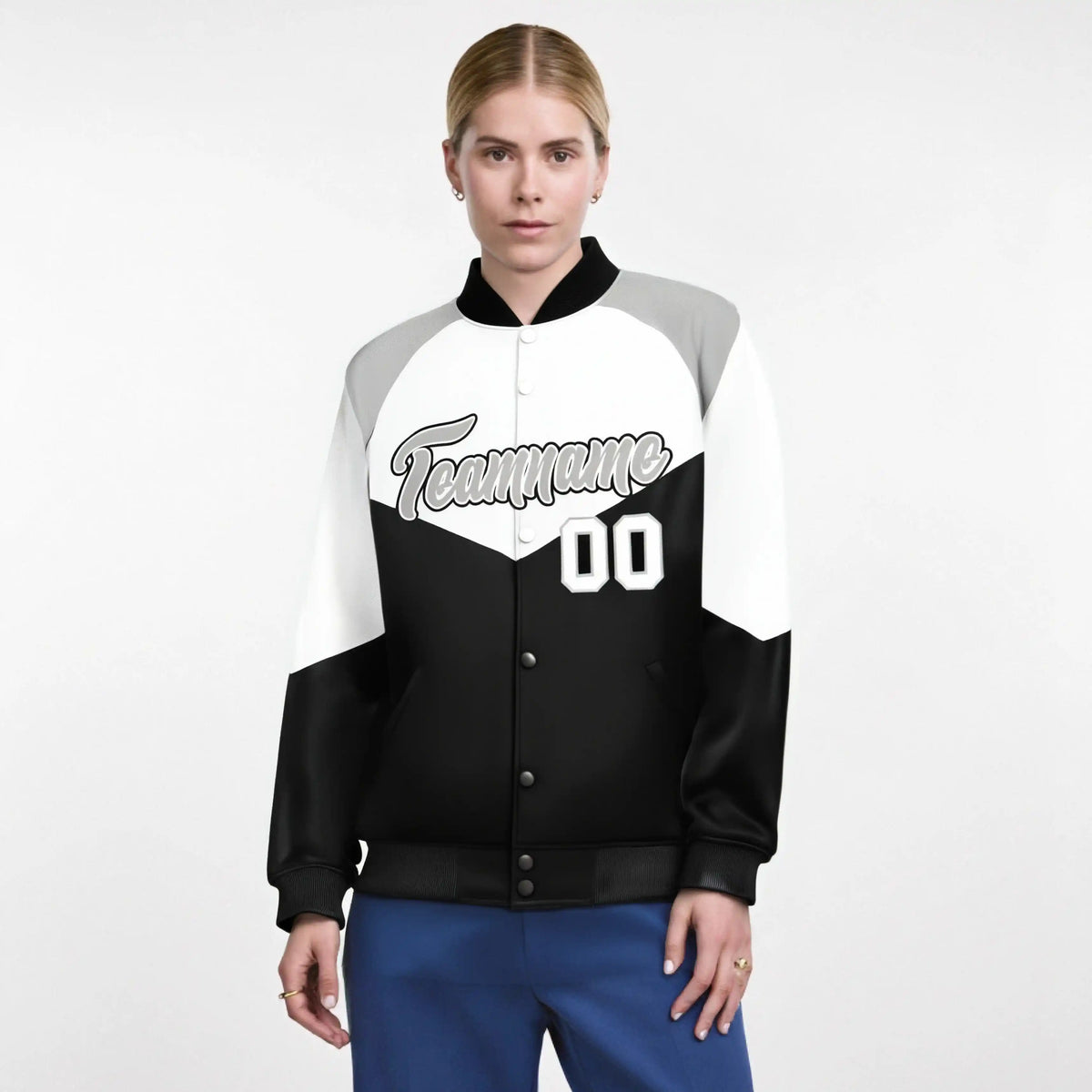 Custom White Black-Gray Varsity Full-Snap Color Block Letterman Jacket