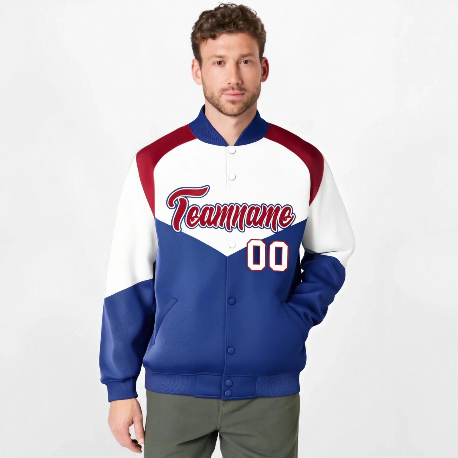 Custom White Royal Blue-Red Varsity Full-Snap Color Block Letterman Jacket