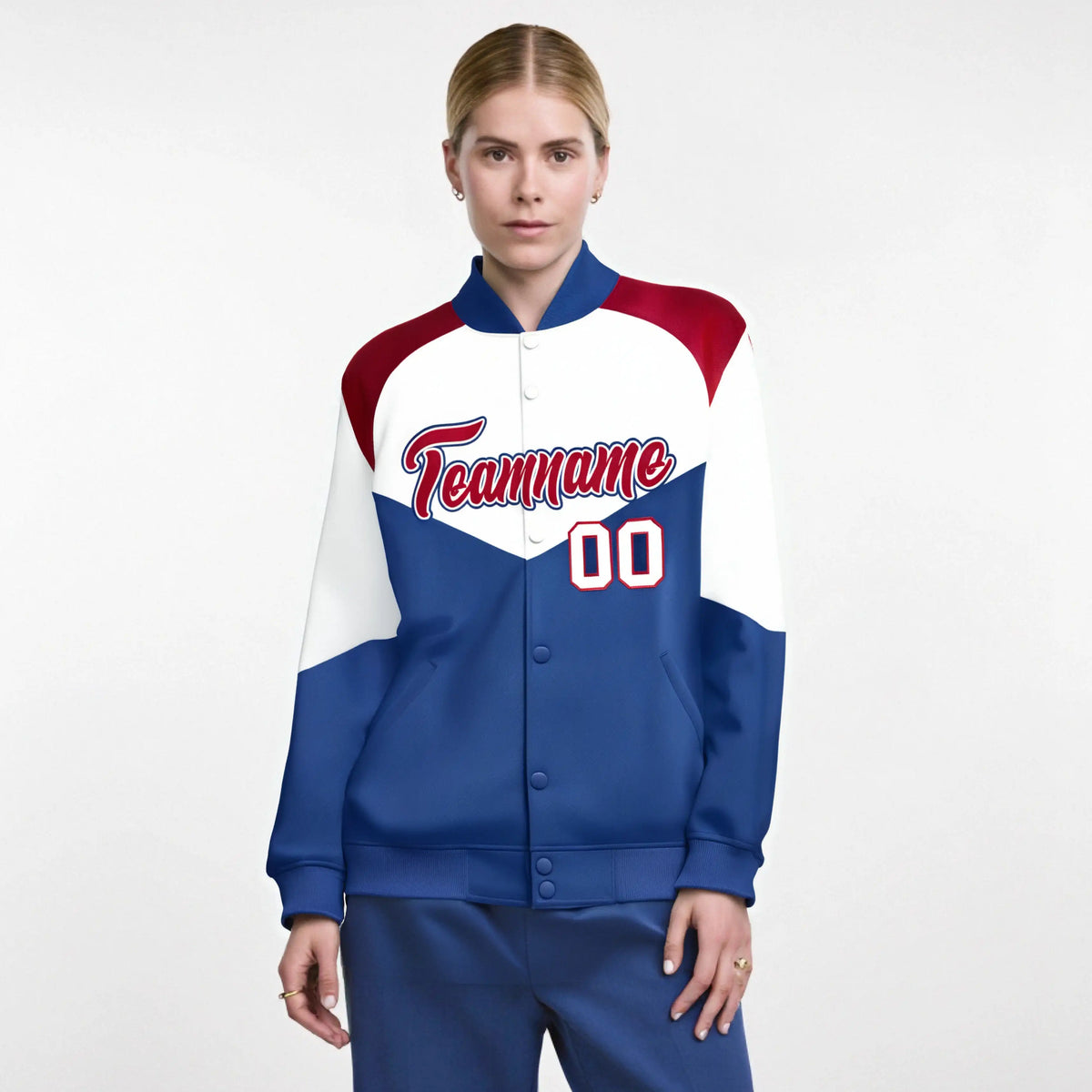 Custom White Royal Blue-Red Varsity Full-Snap Color Block Letterman Jacket