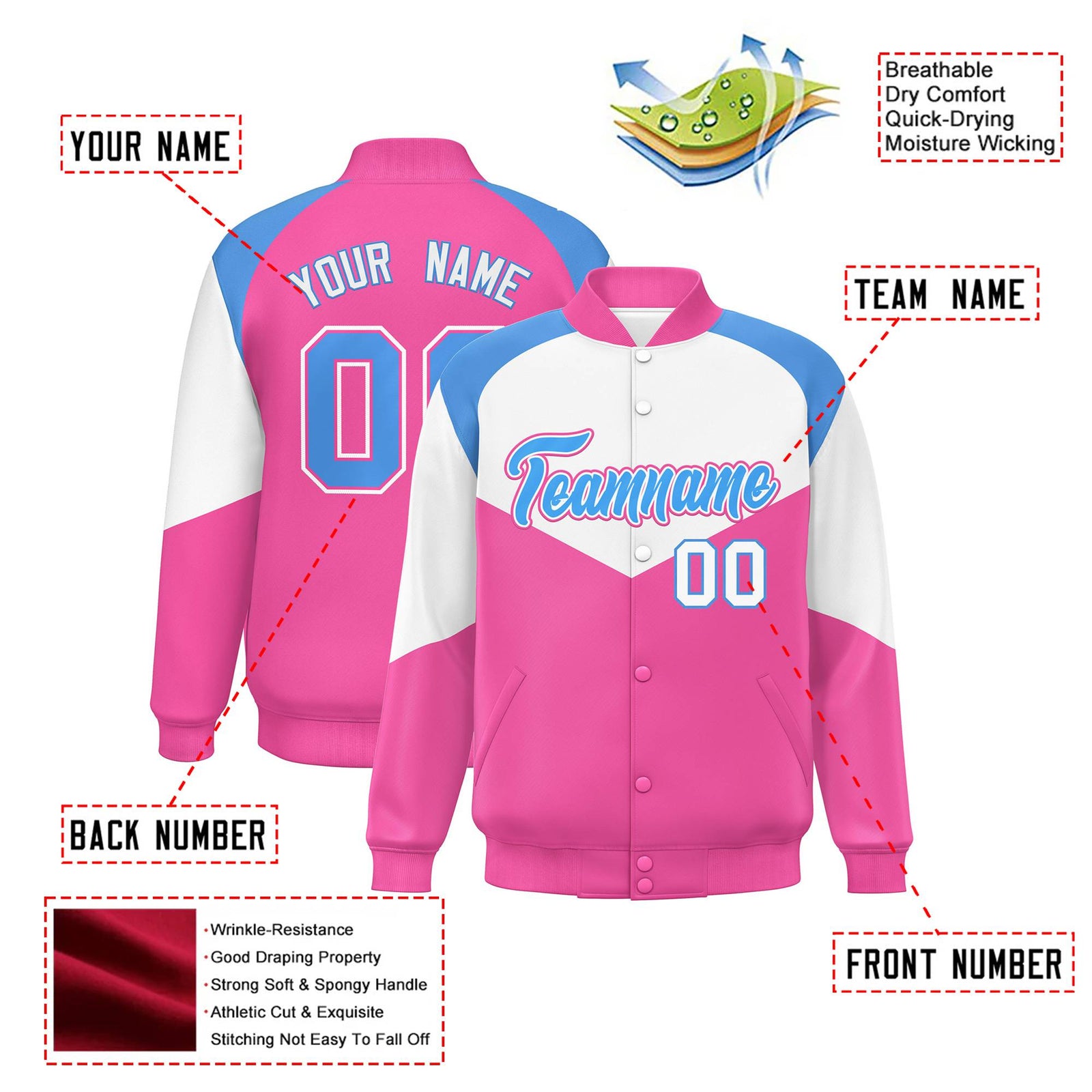 Custom White Pink-Powder Blue Varsity Full-Snap Color Block Letterman Jacket
