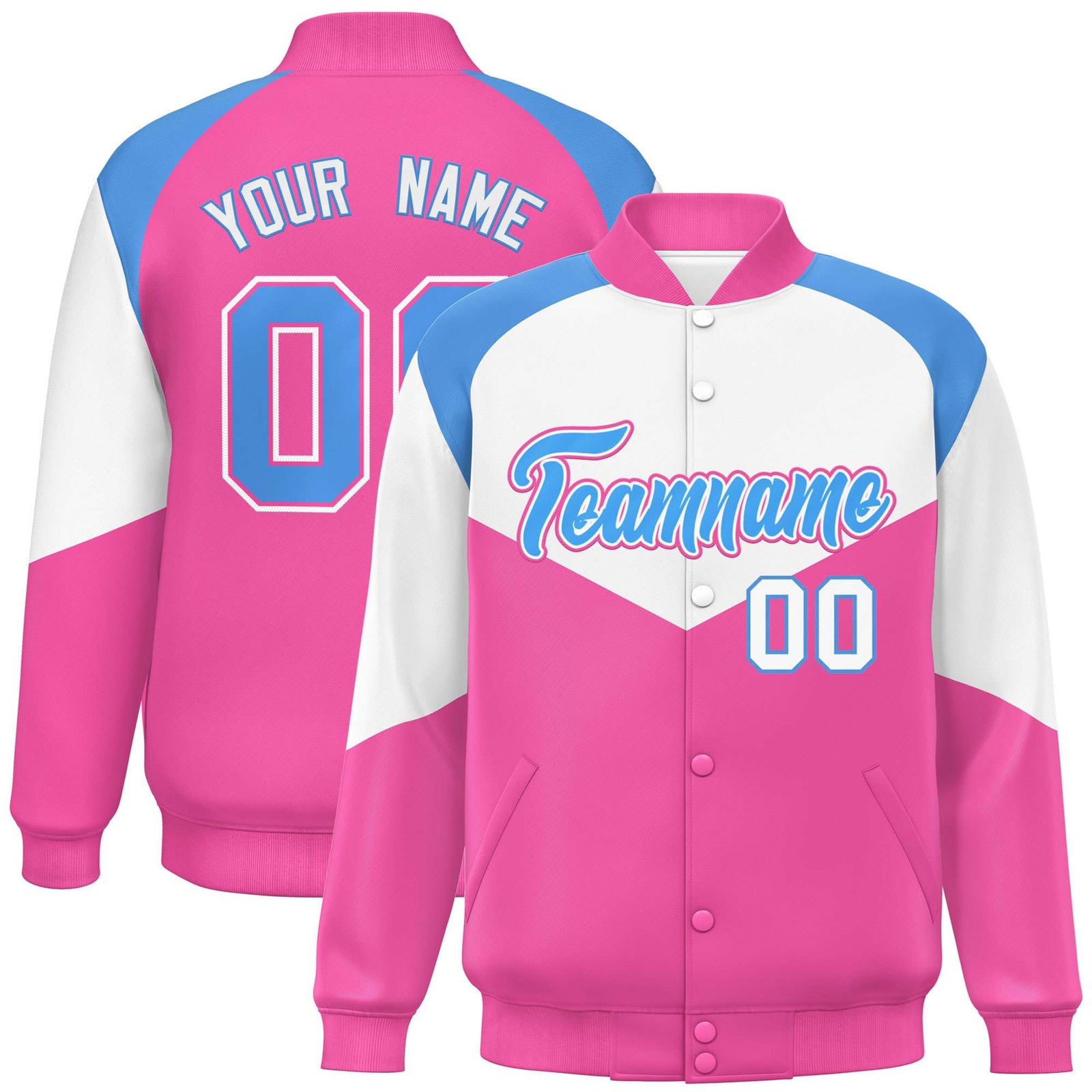 Custom White Pink-Powder Blue Varsity Full-Snap Color Block Letterman Jacket