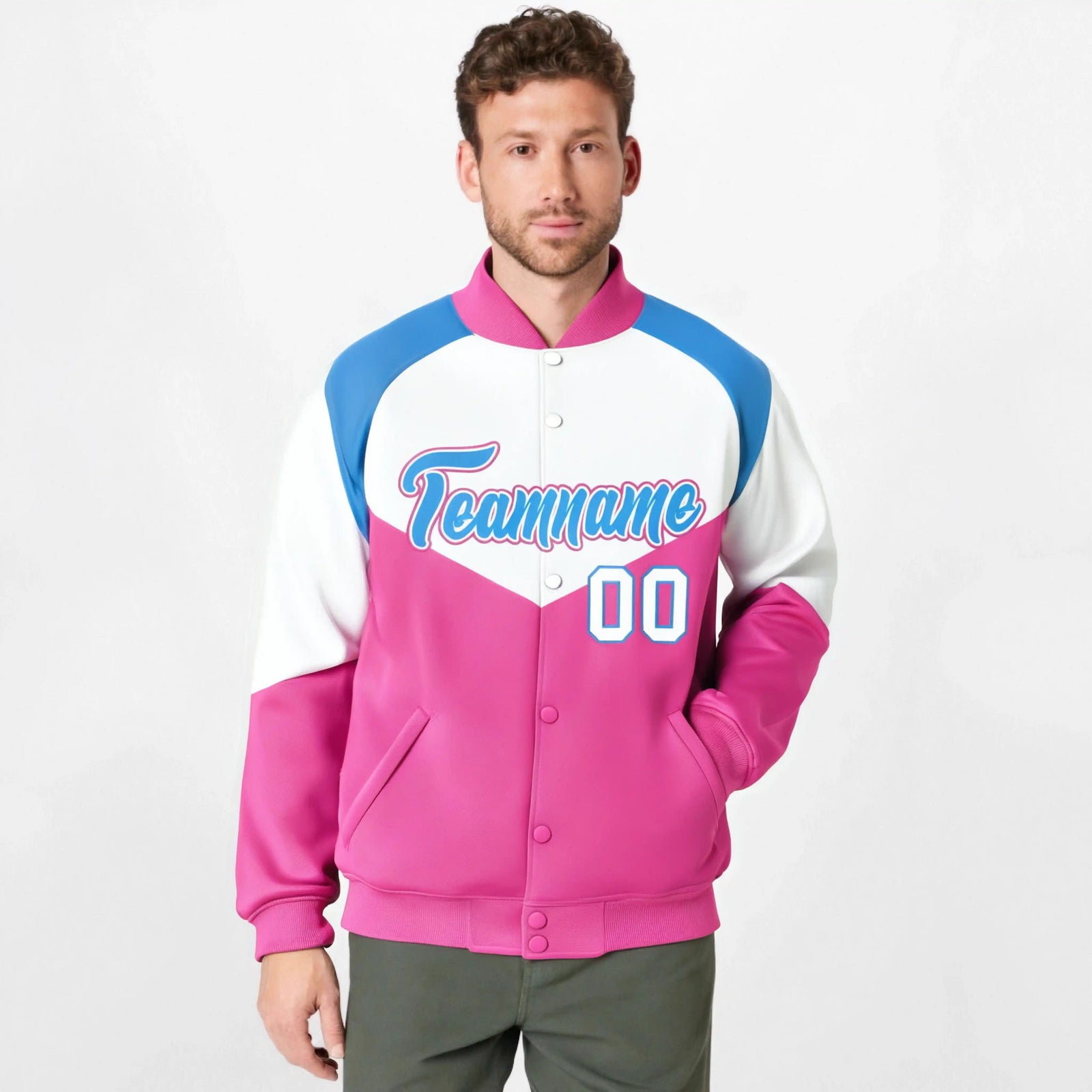 Custom White Pink-Powder Blue Varsity Full-Snap Color Block Letterman Jacket