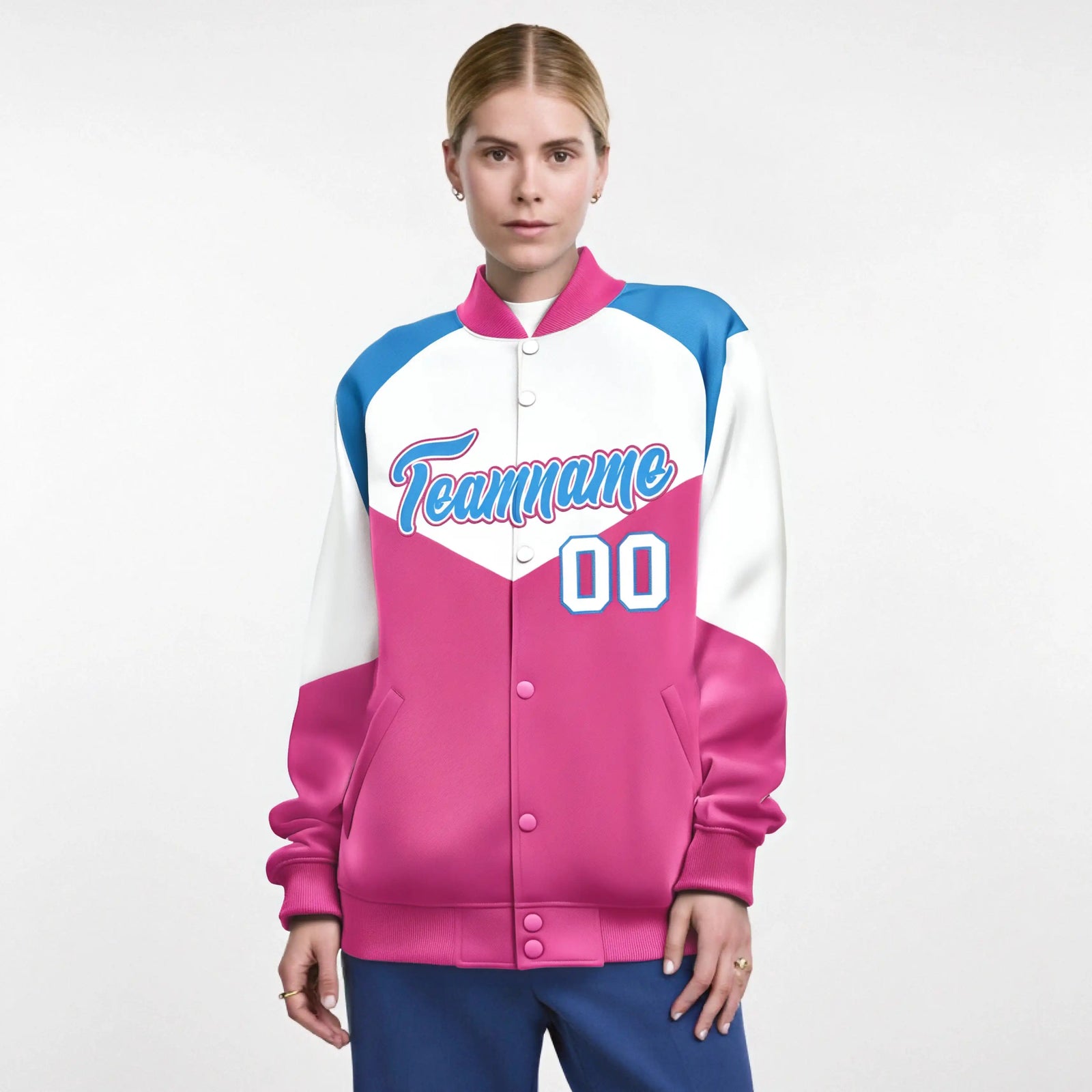 Custom White Pink-Powder Blue Varsity Full-Snap Color Block Letterman Jacket