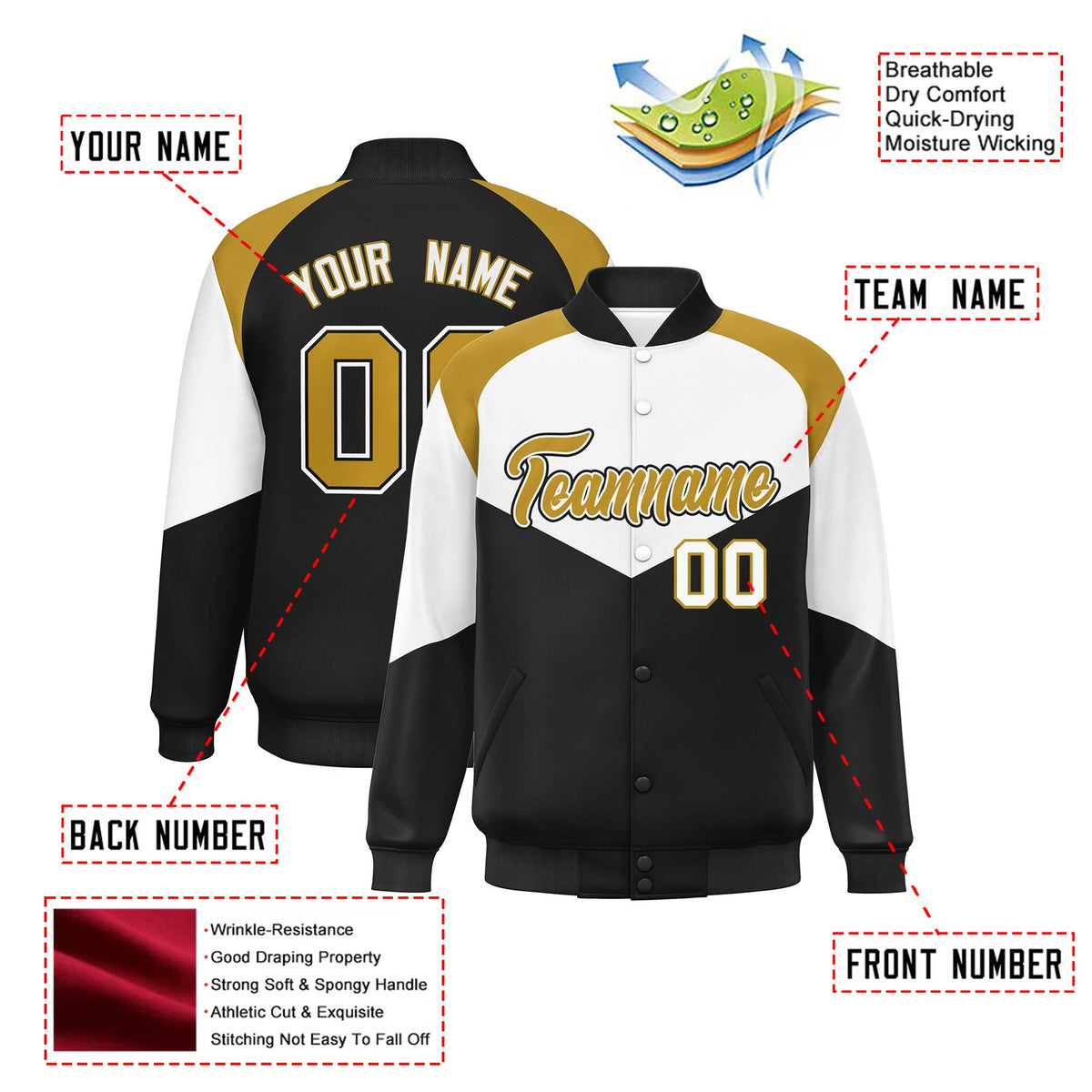 Custom White Black-Old Gold Varsity Full-Snap Color Block Letterman Jacket
