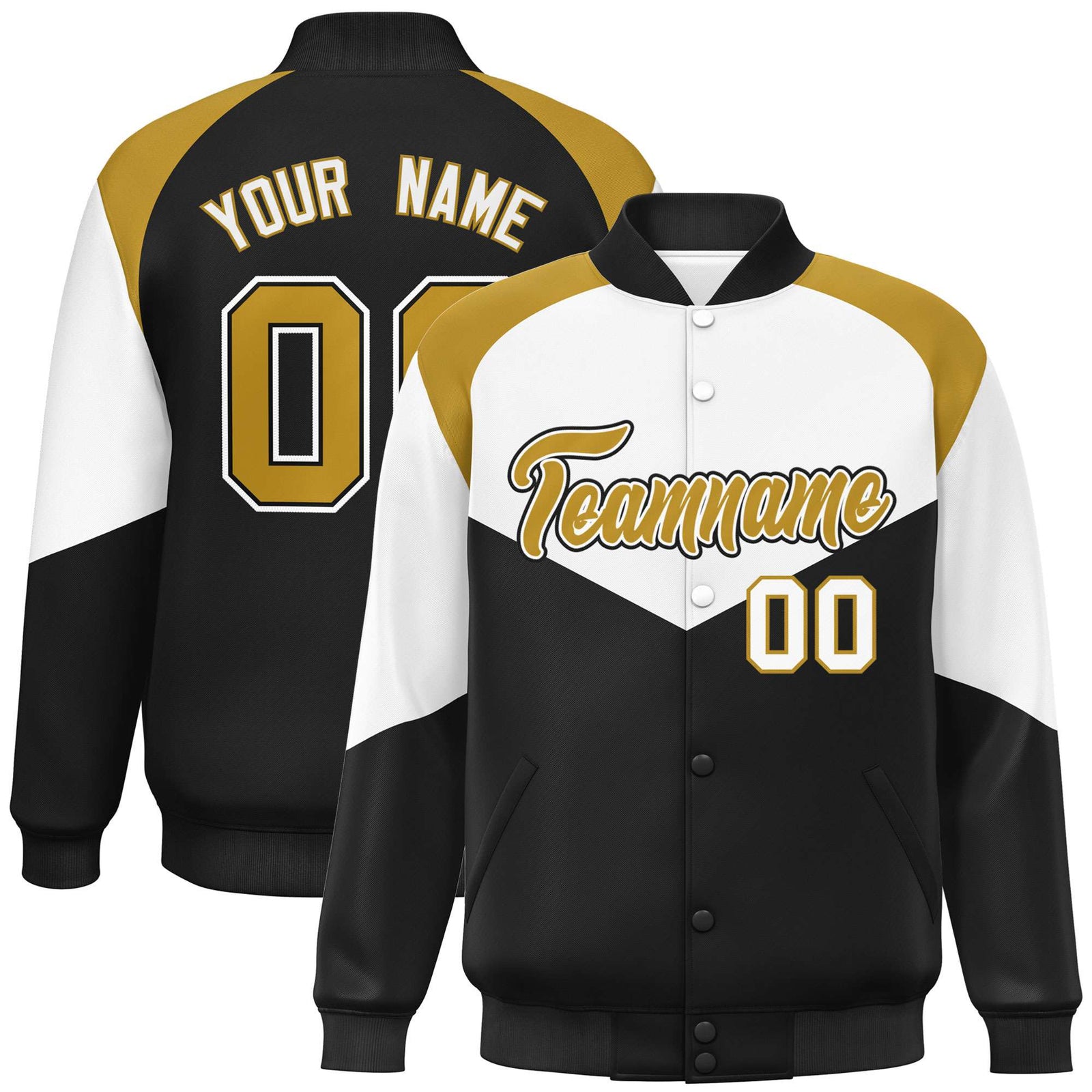 Custom White Black-Old Gold Varsity Full-Snap Color Block Letterman Jacket