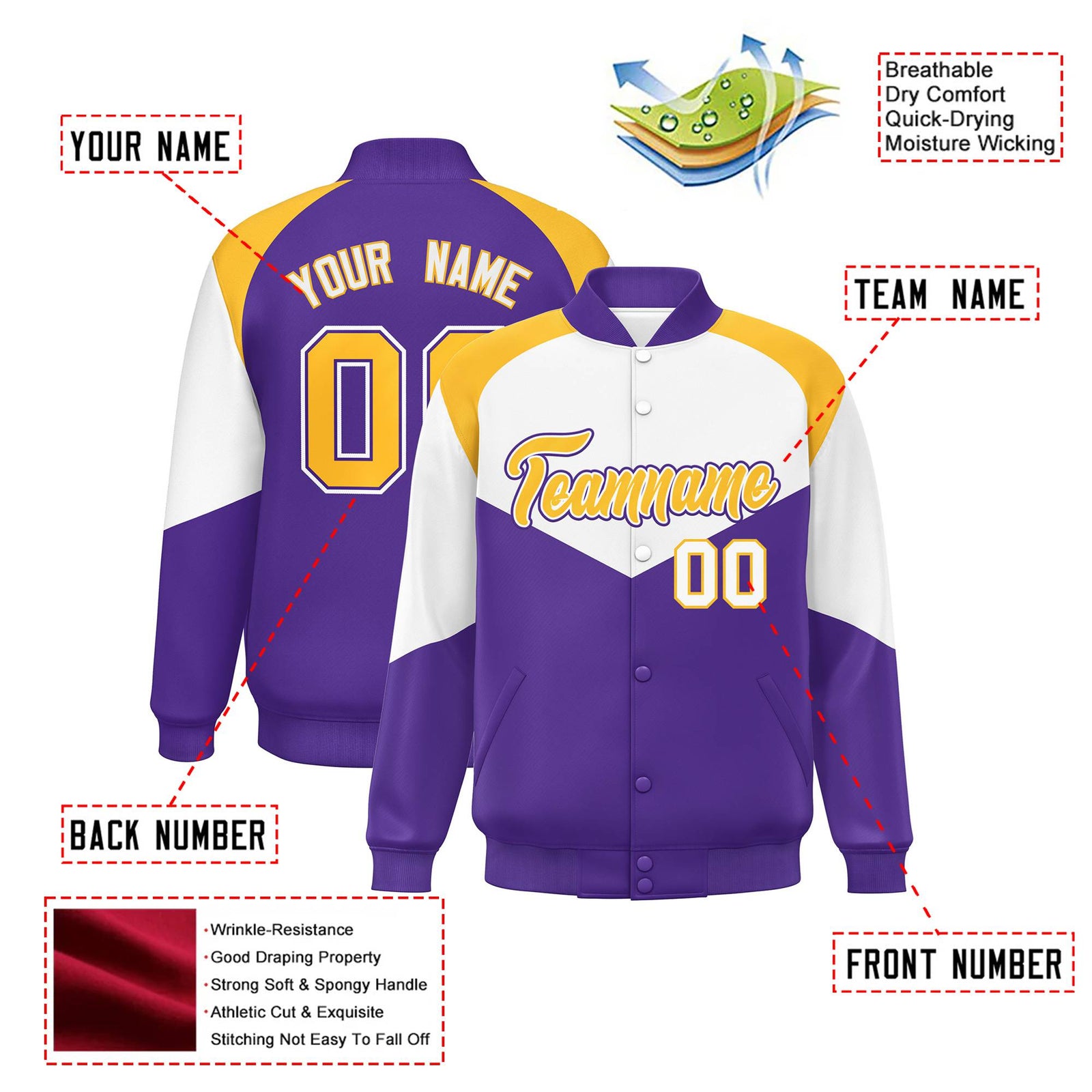 Custom White Purple-Gold Varsity Full-Snap Color Block Letterman Jacket