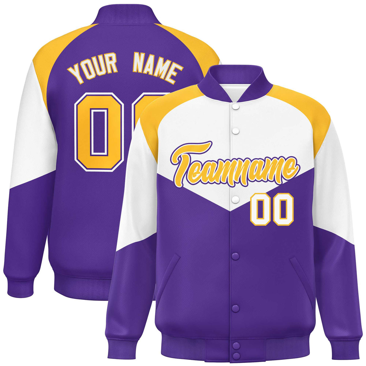 Custom White Purple-Gold Varsity Full-Snap Color Block Letterman Jacket
