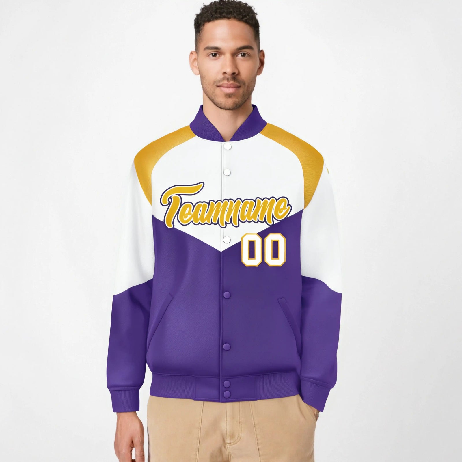 Custom White Purple-Gold Varsity Full-Snap Color Block Letterman Jacket