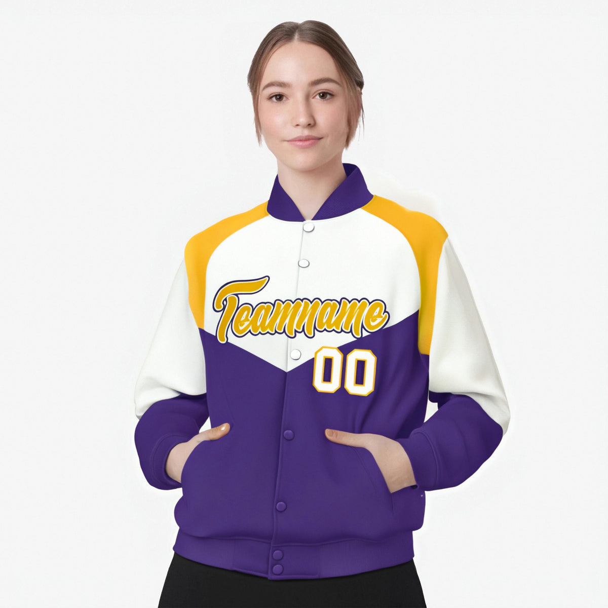 Custom White Purple-Gold Varsity Full-Snap Color Block Letterman Jacket