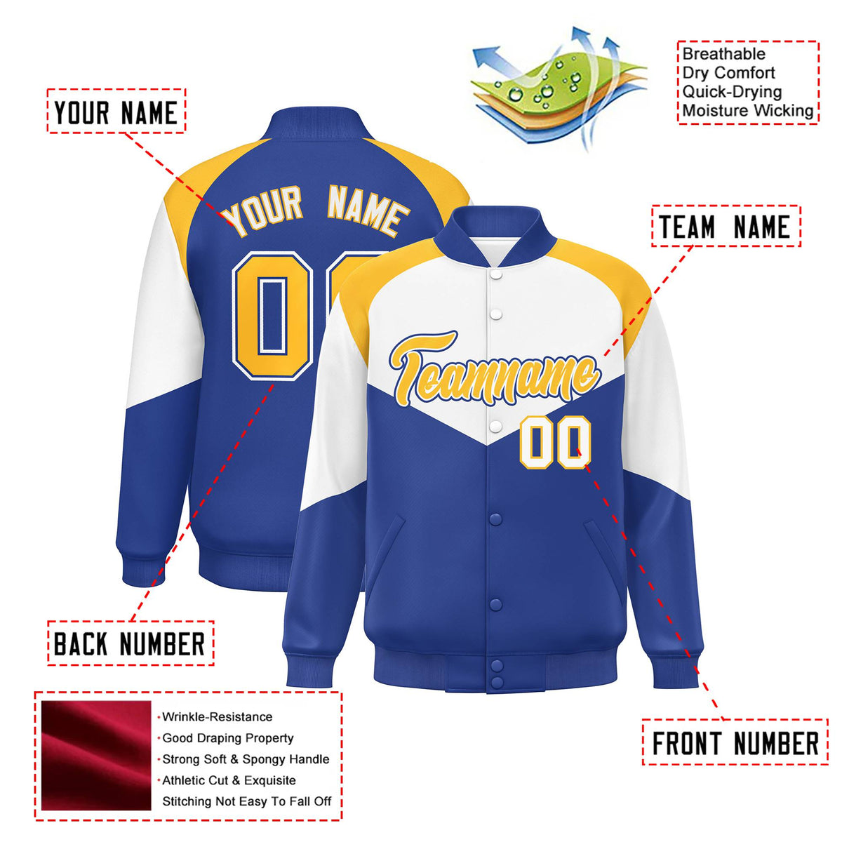 Custom White Royal Blue-Gold Varsity Full-Snap Color Block Letterman Jacket