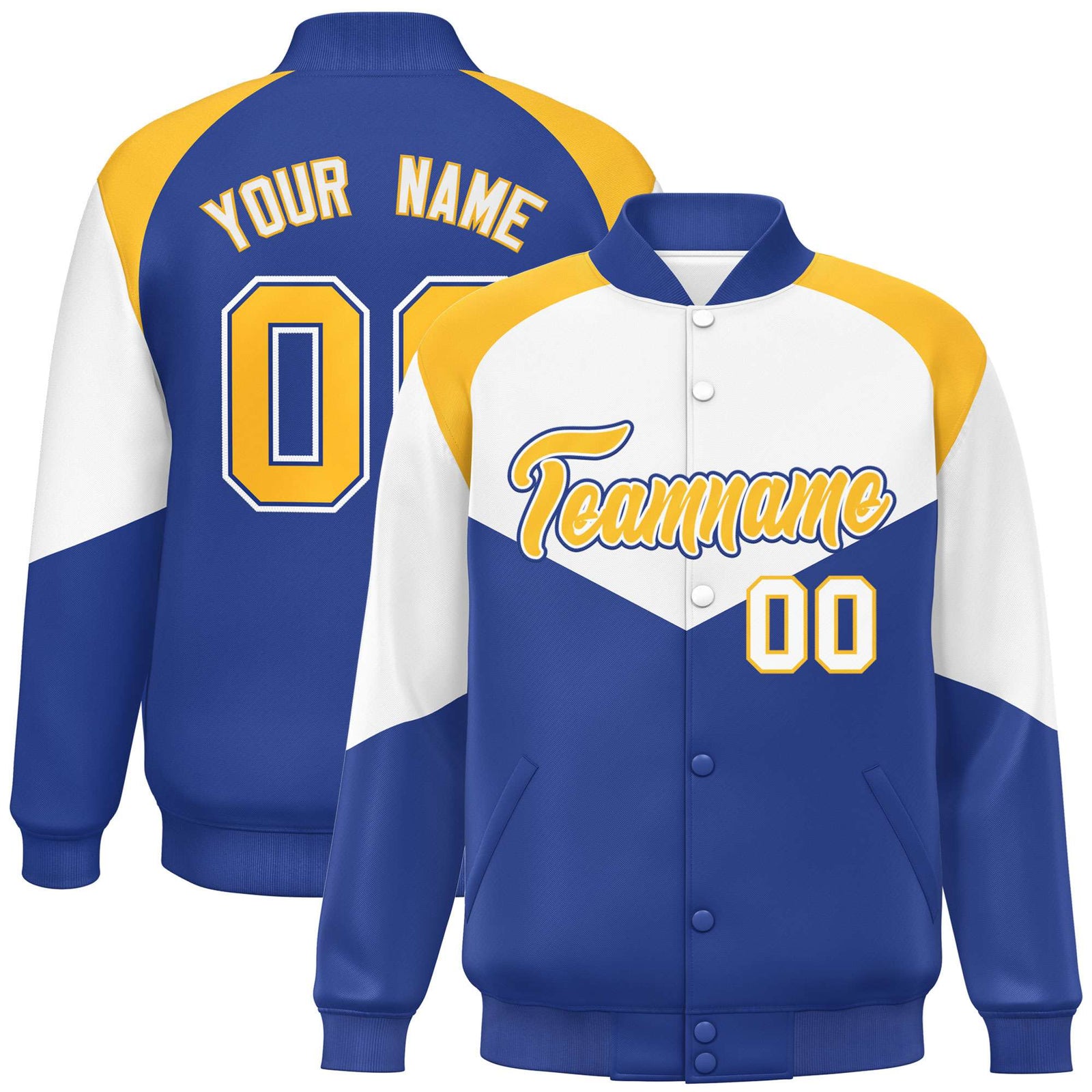Custom White Royal Blue-Gold Varsity Full-Snap Color Block Letterman Jacket