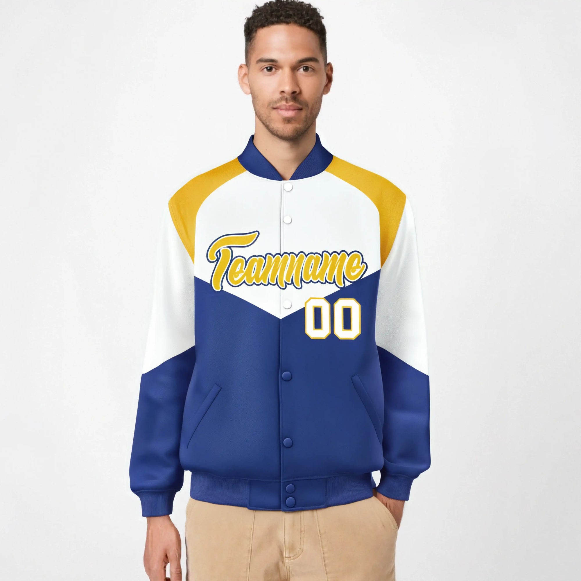 Custom White Royal Blue-Gold Varsity Full-Snap Color Block Letterman Jacket