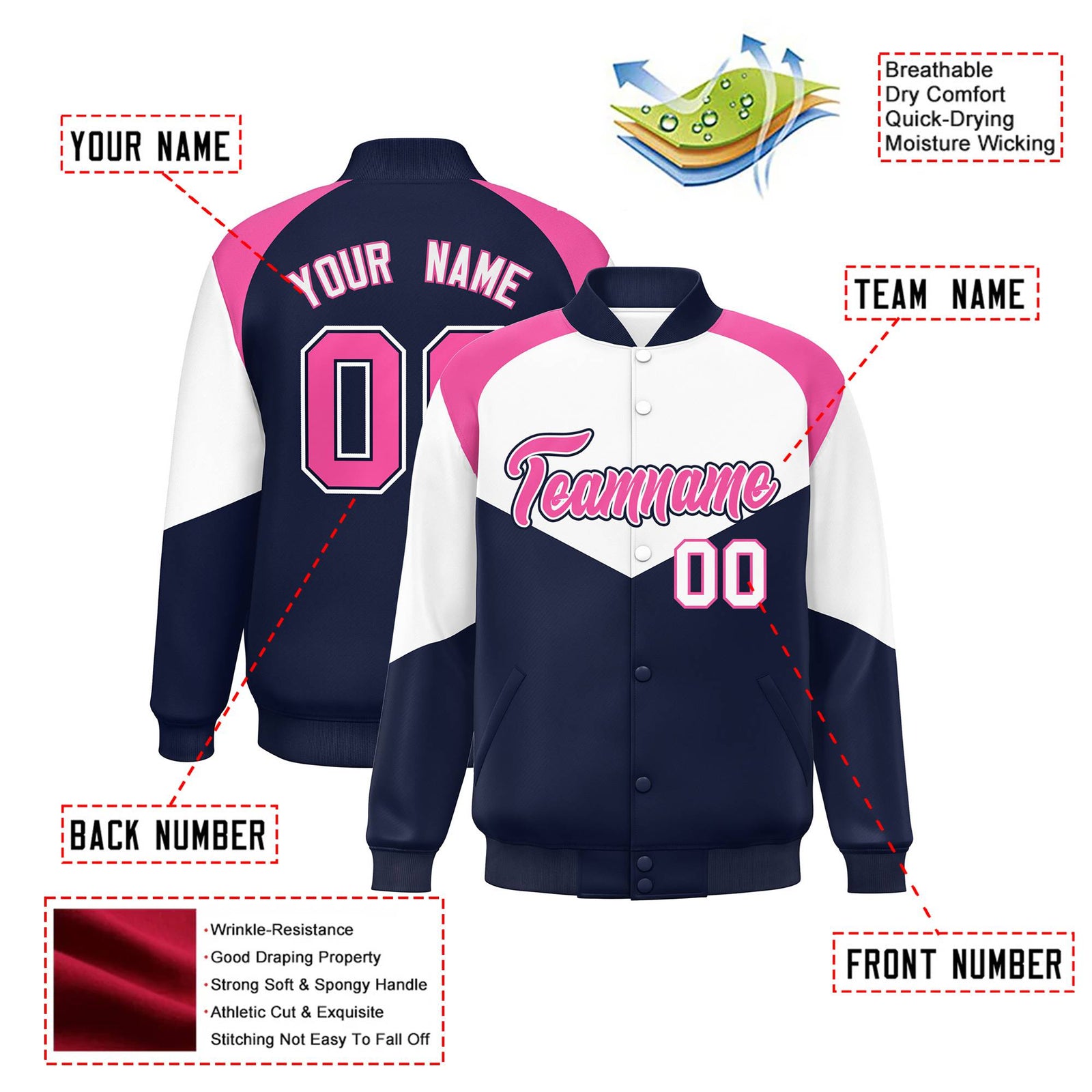 Custom White Navy-Pink Varsity Full-Snap Color Block Letterman Jacket